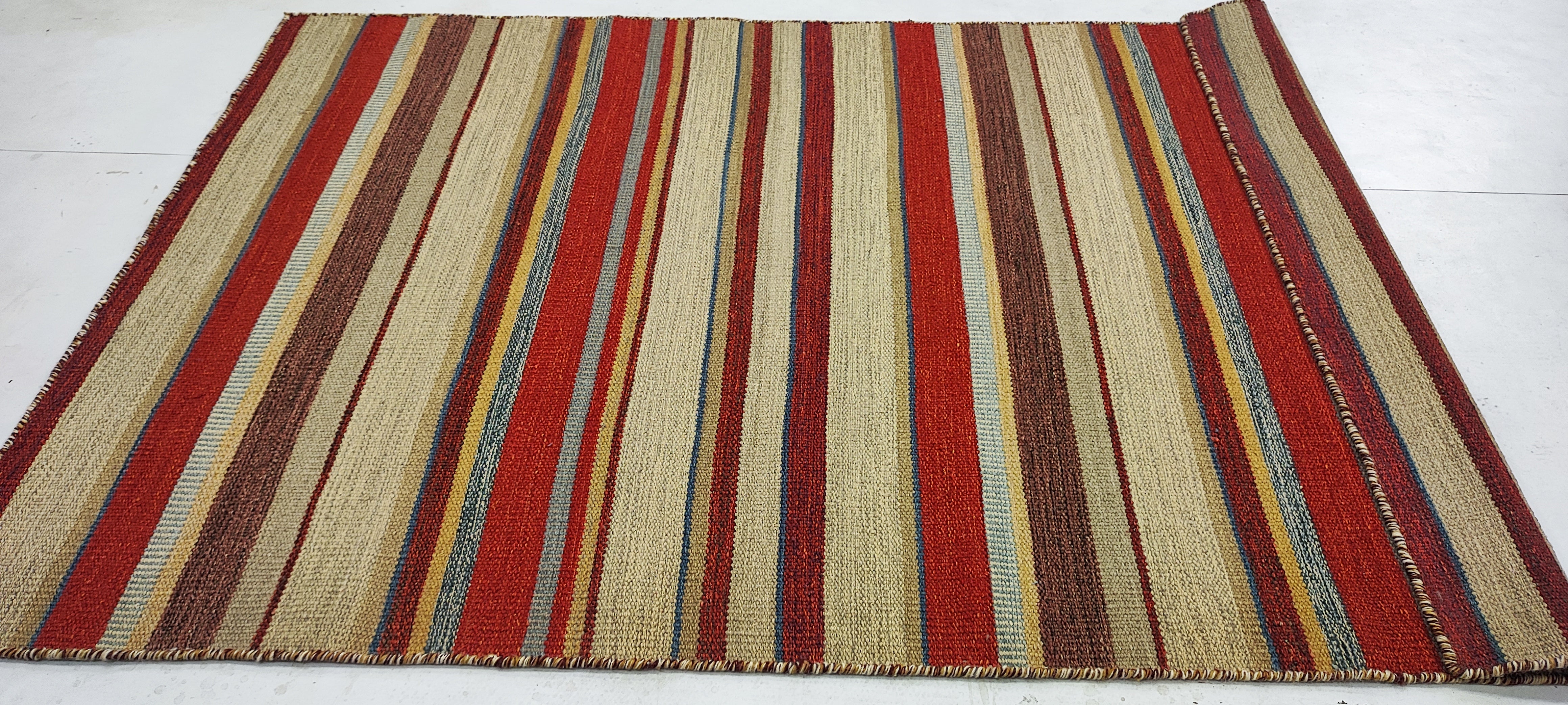 Lawrence Trilling 2.9x5 Red and Brown Striped Handwoven Durrie Rug