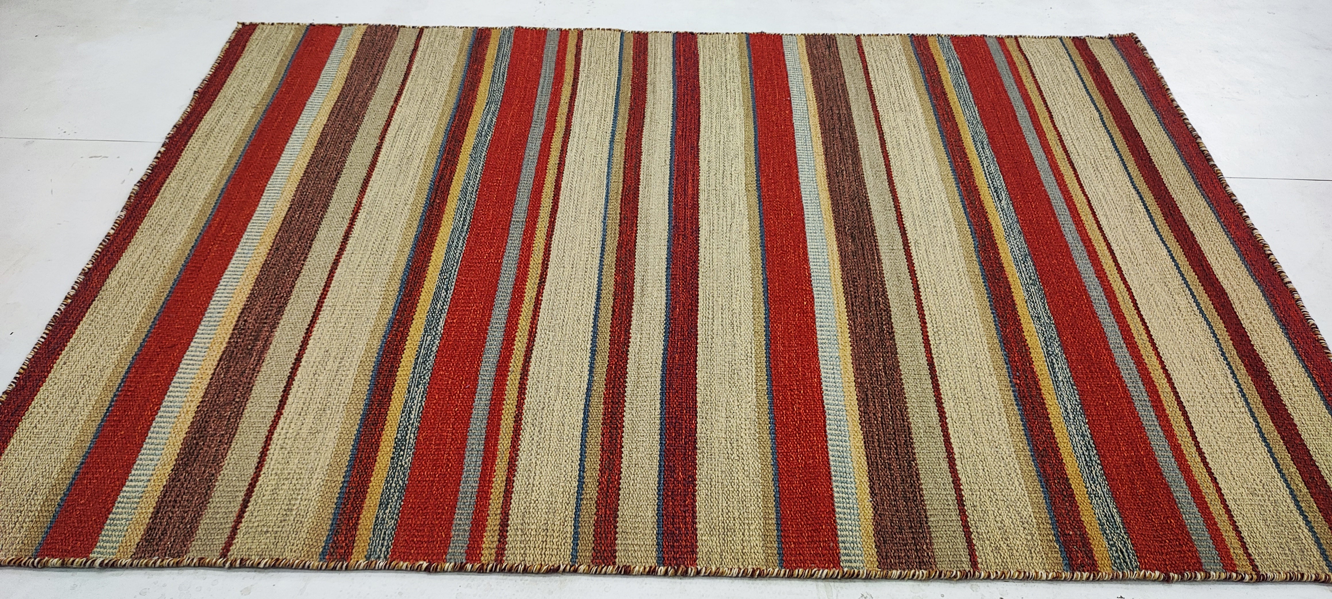 Lawrence Trilling 2.9x5 Red and Brown Striped Handwoven Durrie Rug