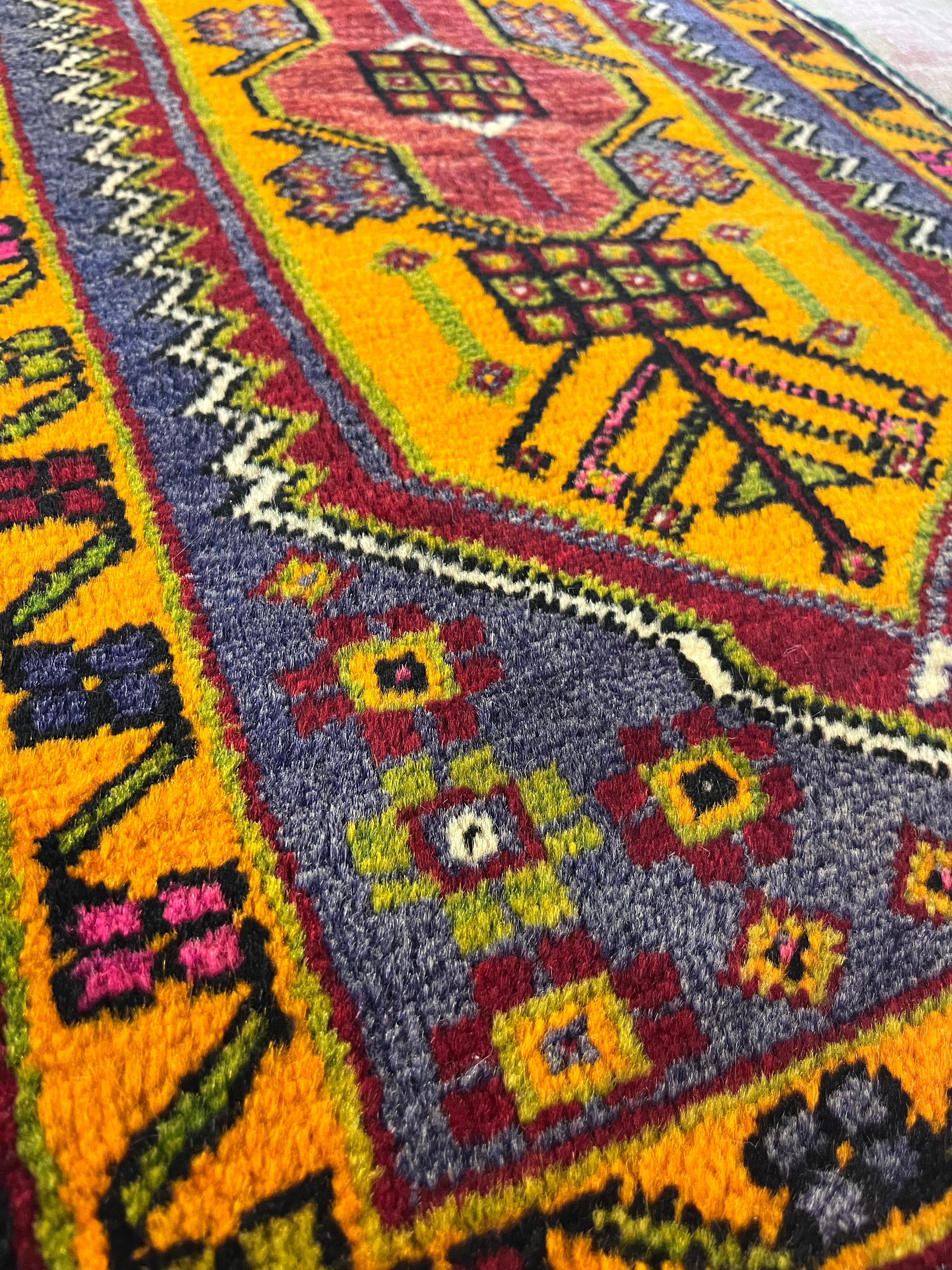 Vintage 1.11x3.8 Yellow and Dark Red Turkish Oushak Small Rug