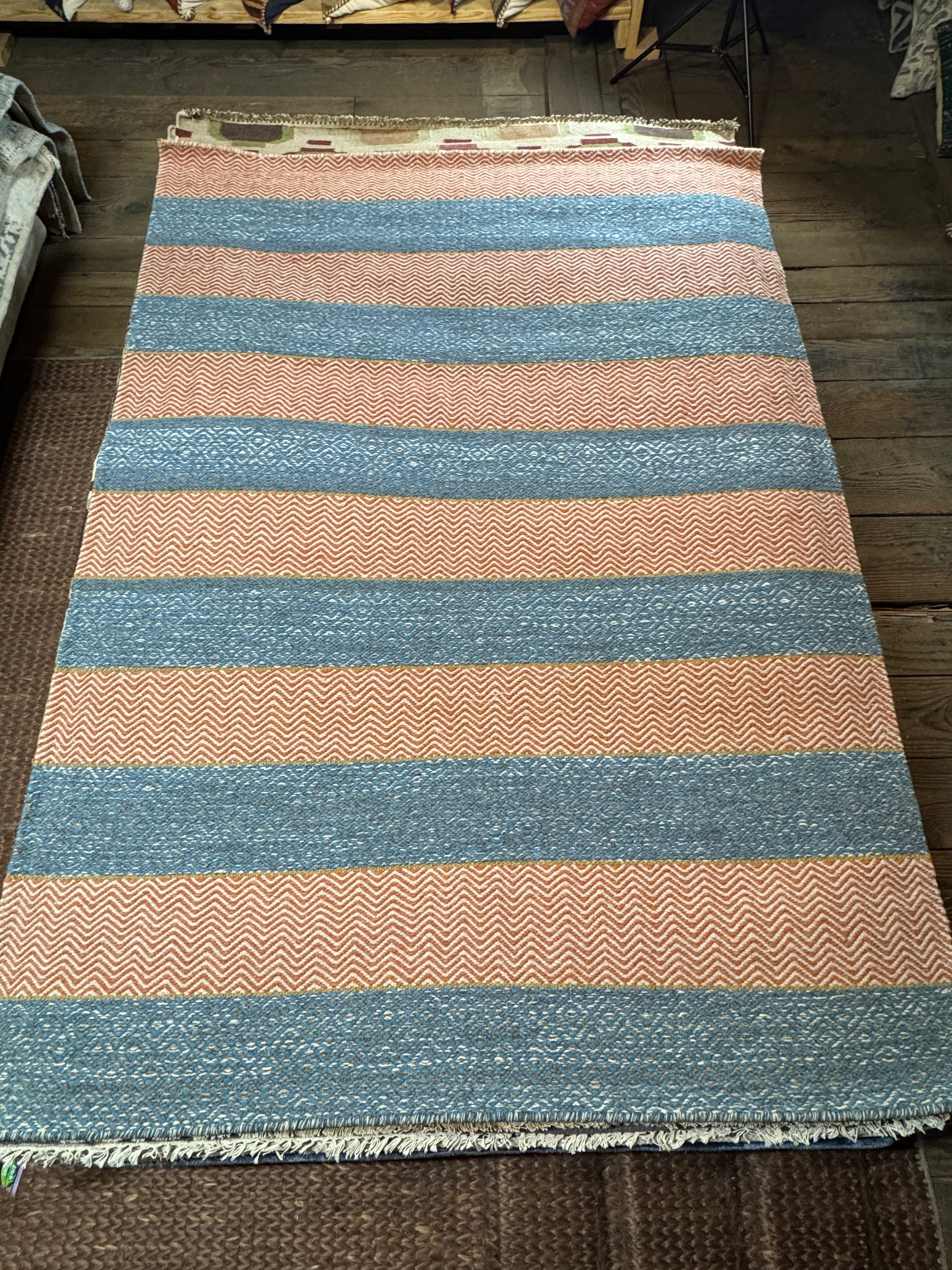 Henry Bouy Mets 5.3x7.6 Blue and Orange Handwoven Durrie Rug