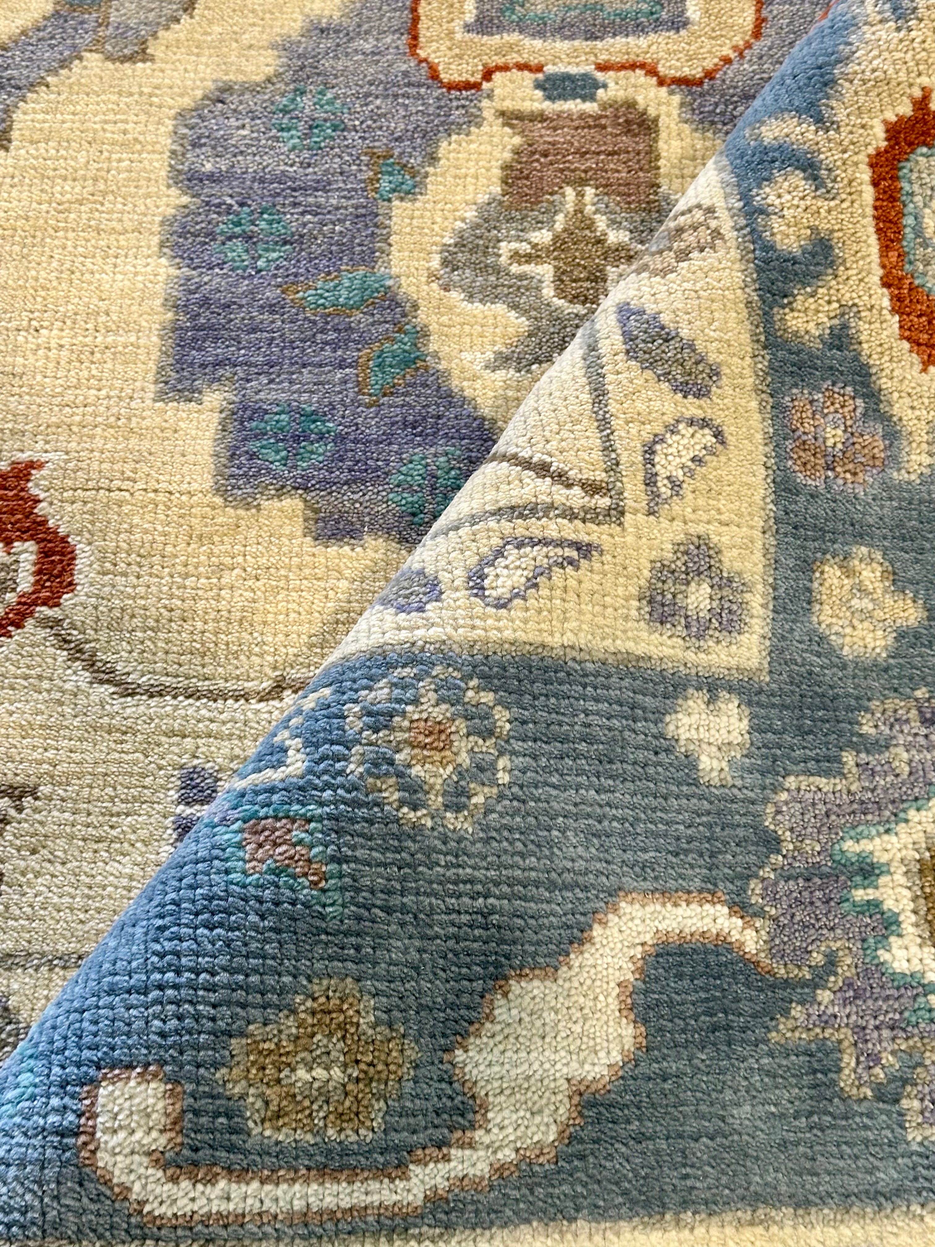 Lorena 8x10 Cream and Blue Hand-Knotted Oushak Rug