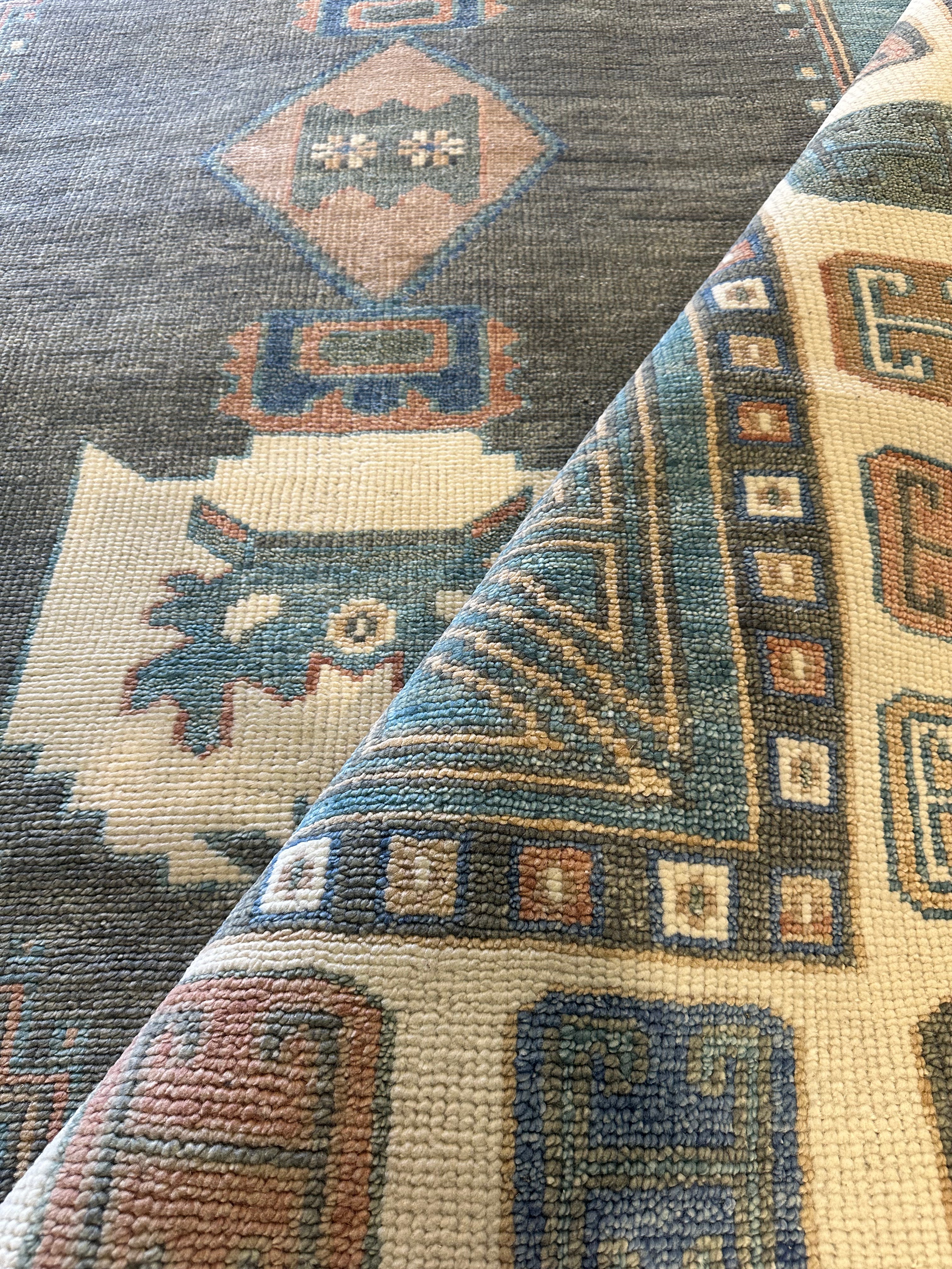 Gae Aulenti 8x10 Blue and Ivory Hand-Knotted Oushak Rug