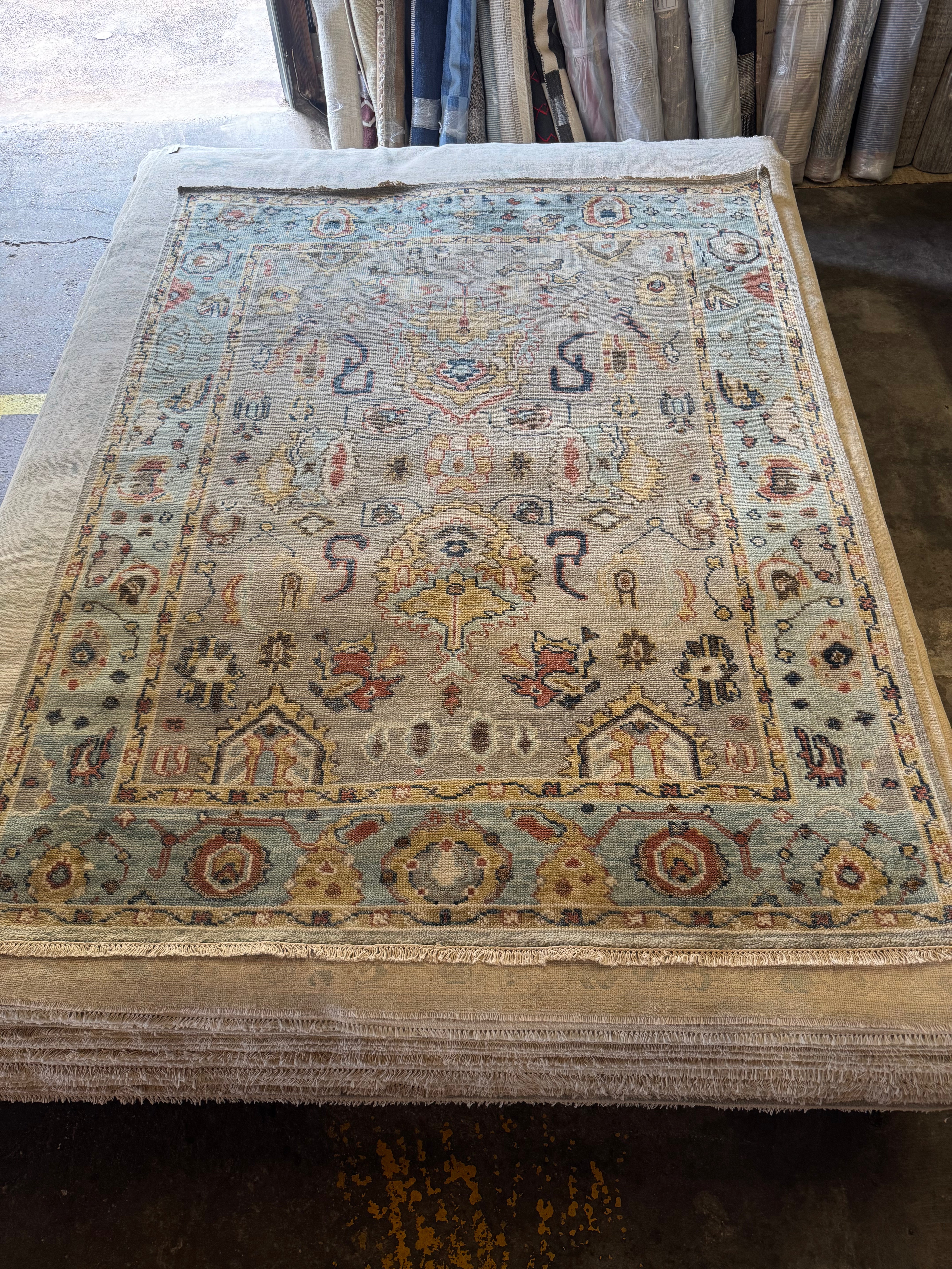 Nina Campbell 7.9x10 Light Brown and Blue Hand-Knotted Oushak Rug