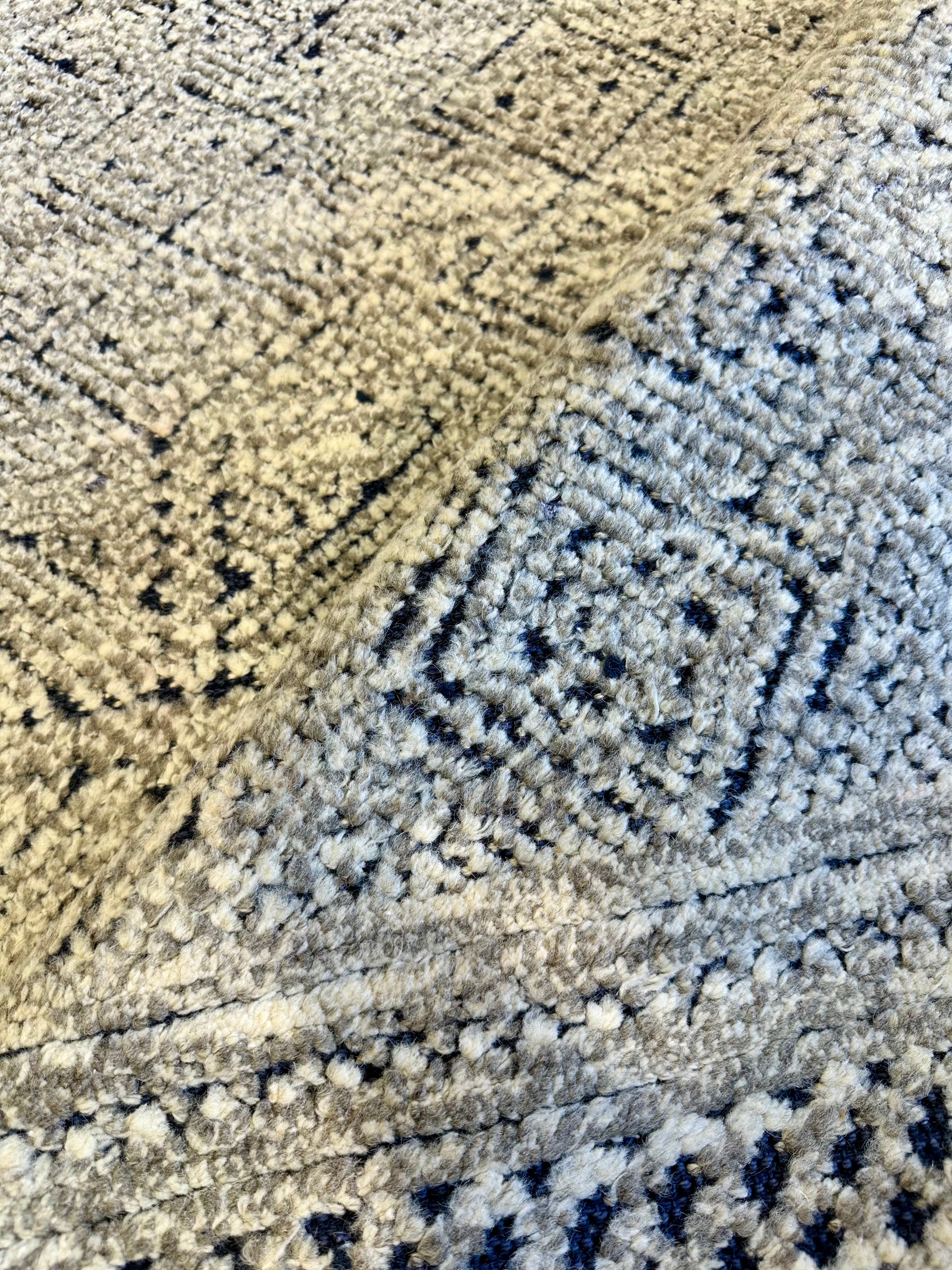 Emilie Dequenne 10x14 Natural and Blue Hand-Knotted Abstract Rug