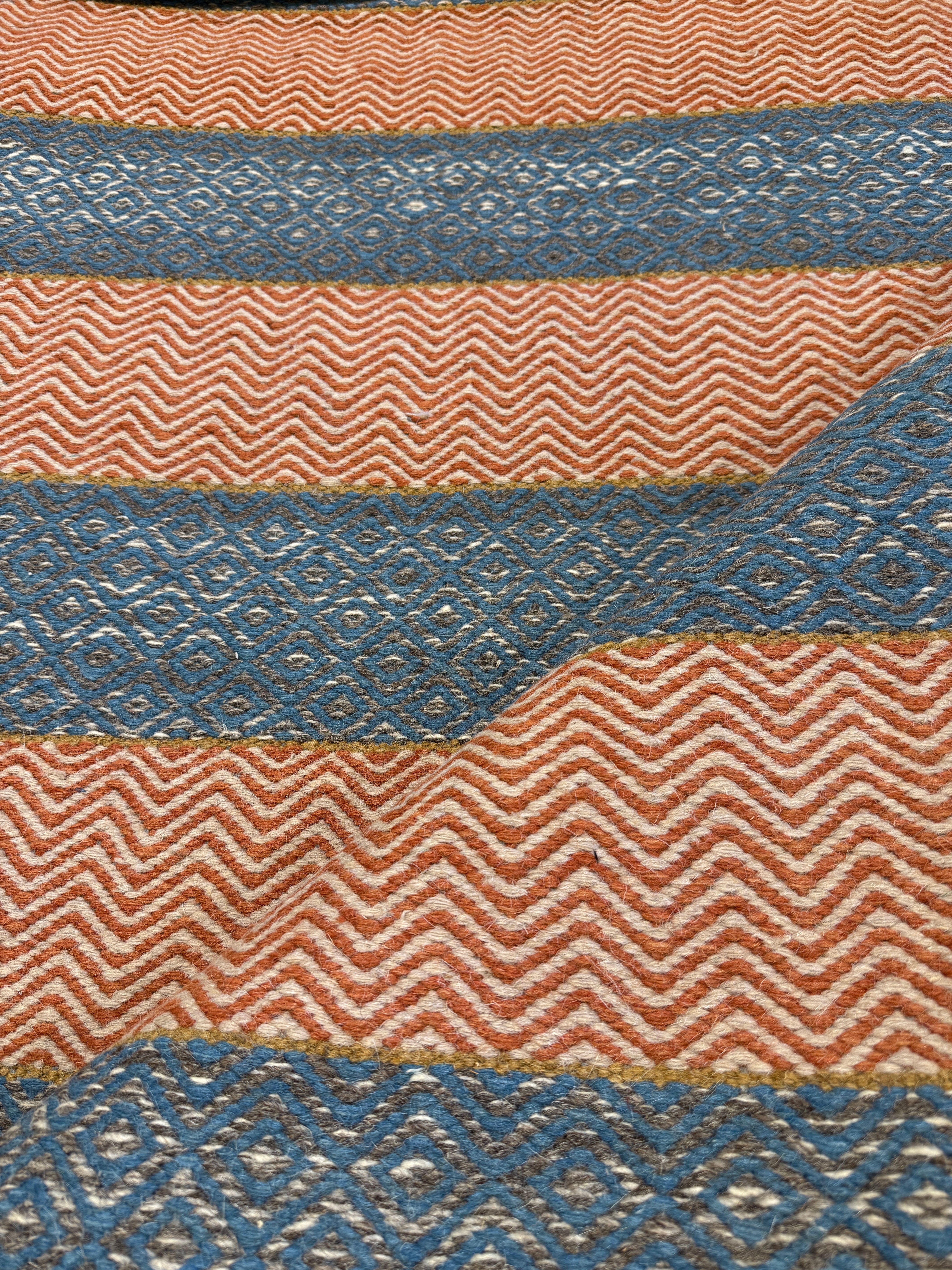 Henry Bouy Mets 5.3x7.6 Blue and Orange Handwoven Durrie Rug