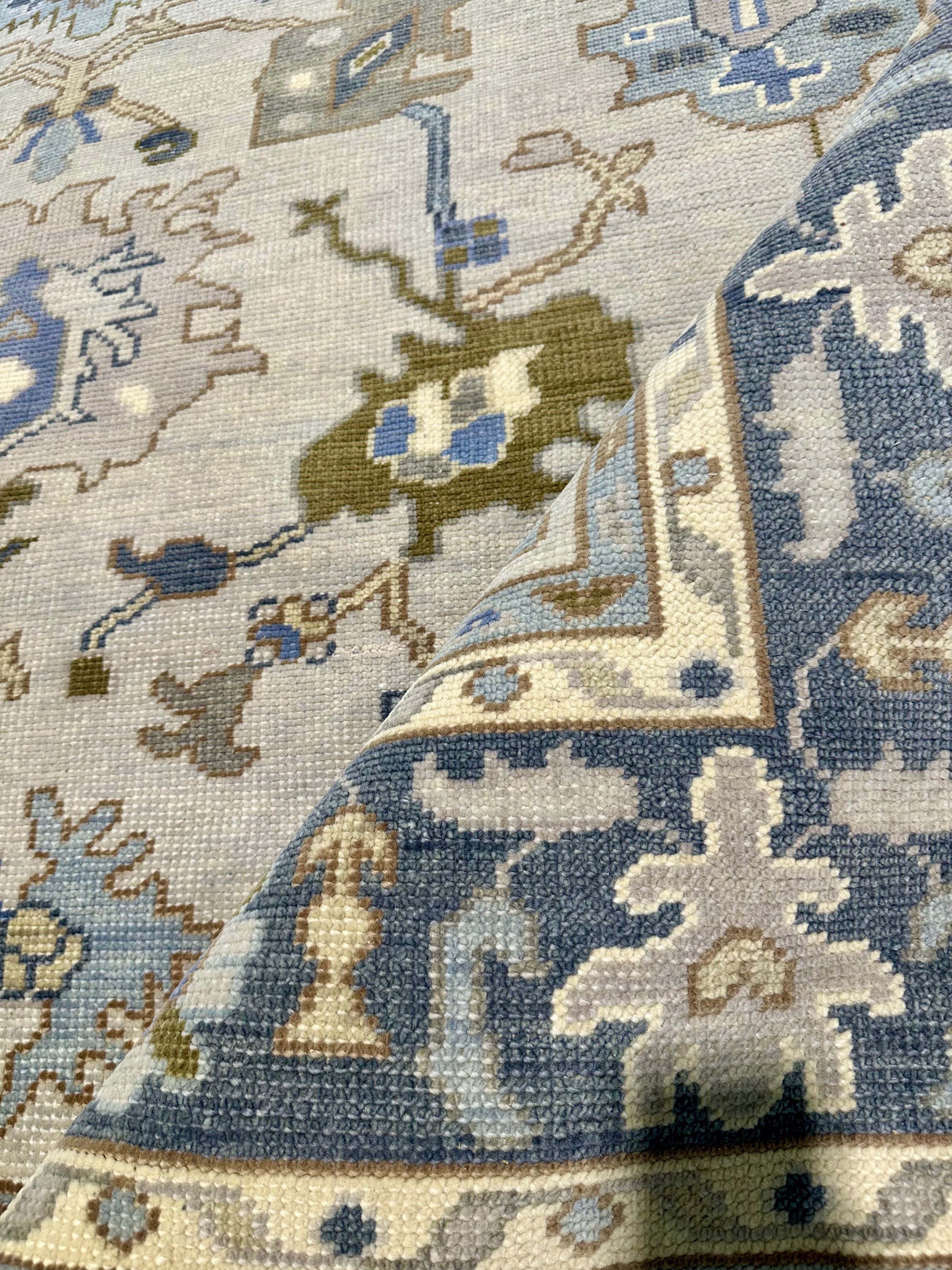 Betty Sherrill 8.3x10 Light Grey and Blue Hand-Knotted Oushak Rug