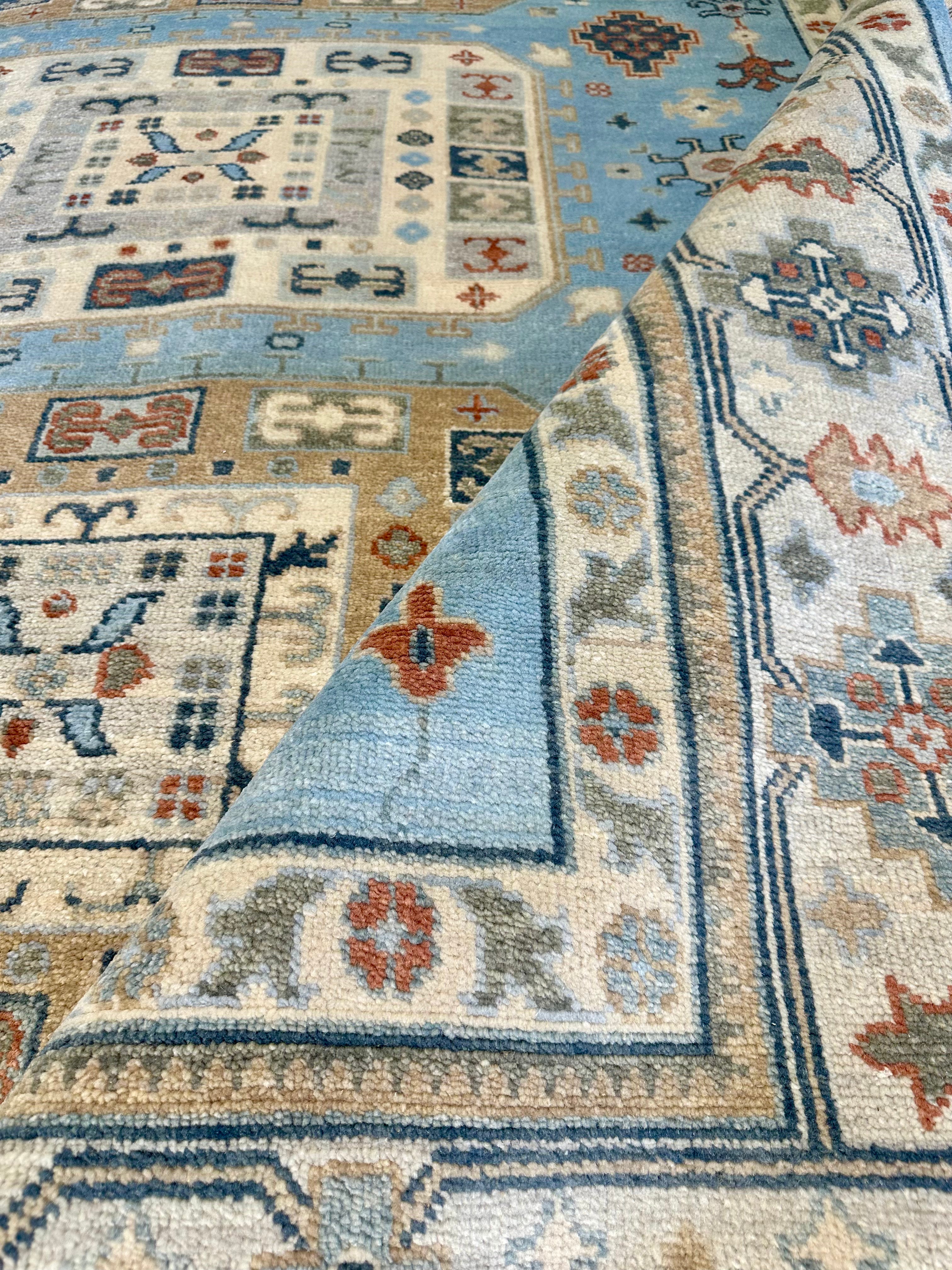 Mandolin 8x10 Blue and Beige Hand-Knotted Oushak Rug