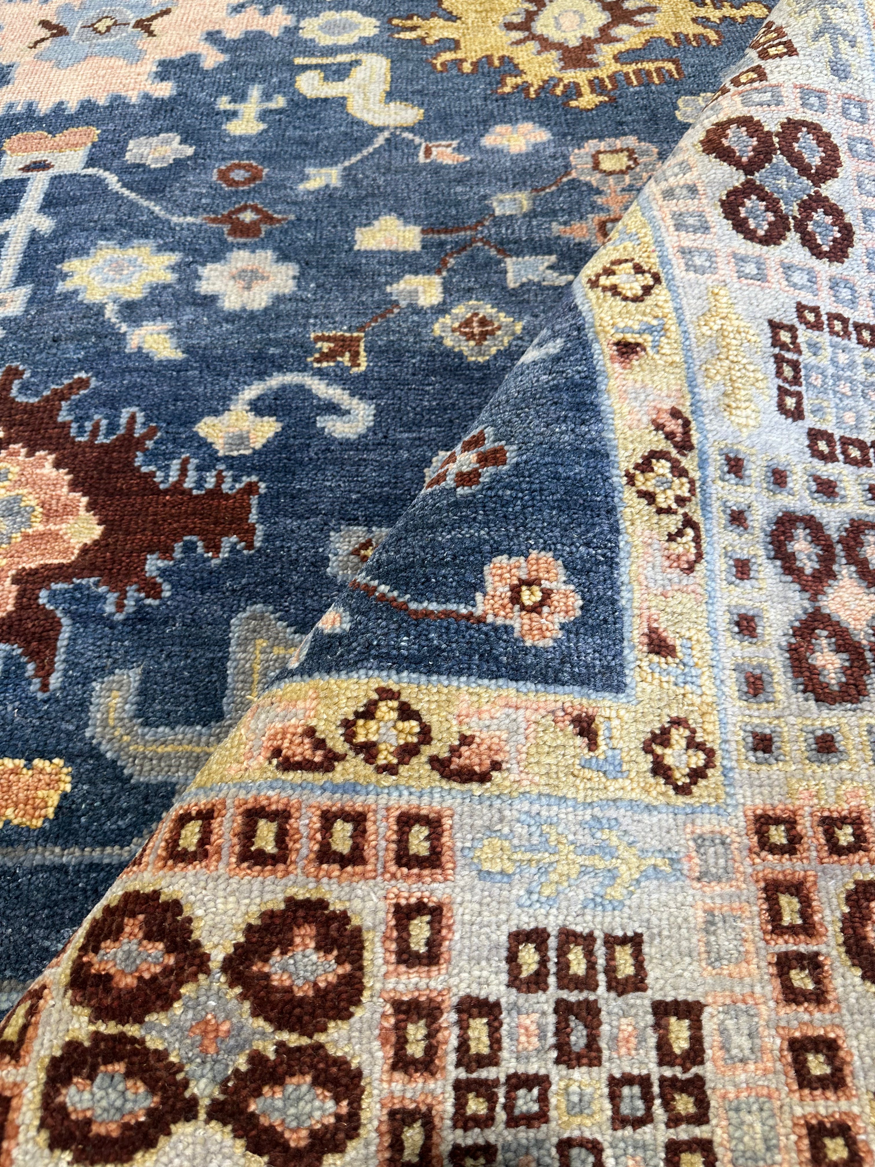 Garnet 8x10 Blue and Gold Hand-Knotted Oushak Rug