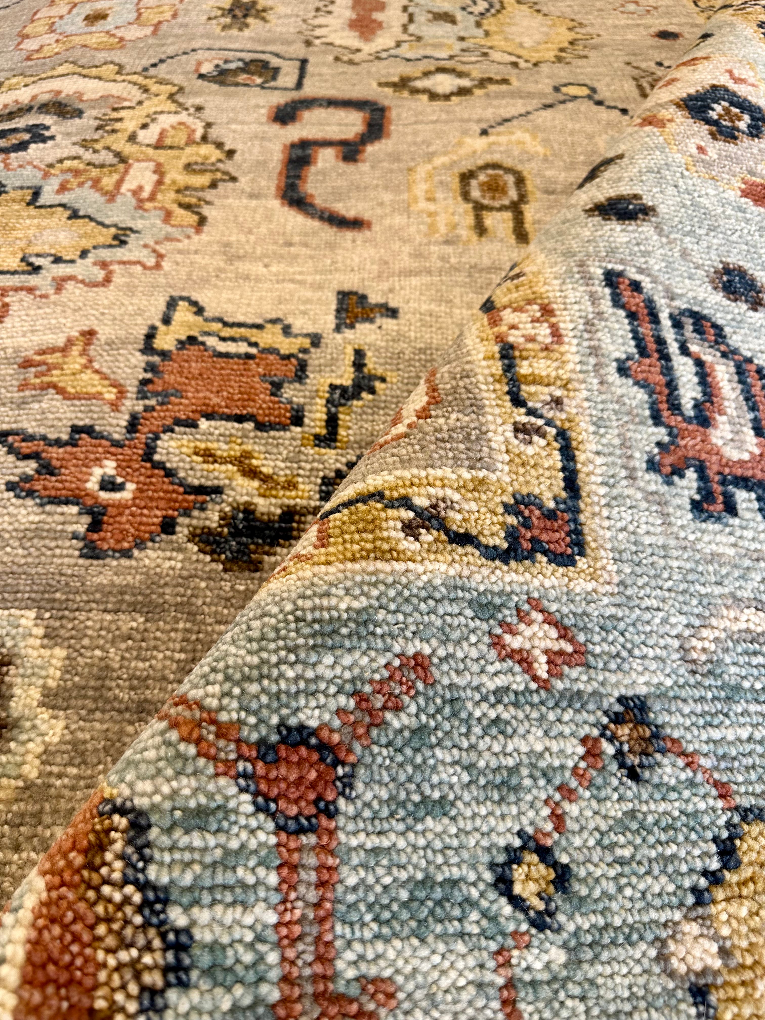 Nina Campbell 7.9x10 Light Brown and Blue Hand-Knotted Oushak Rug