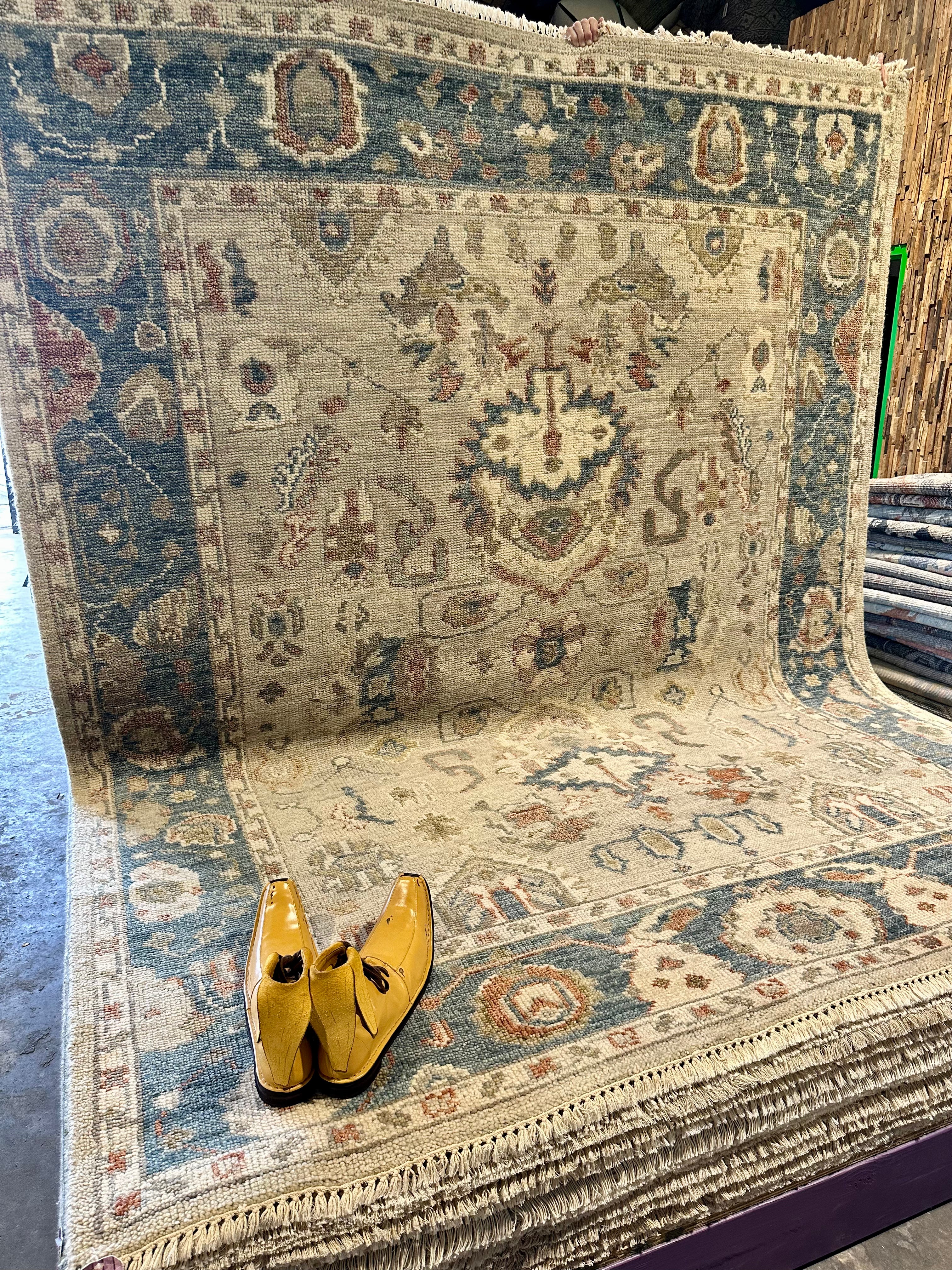 Paulette Goddard  8x10 Beige and Blue Hand-Knotted Oushak Rug