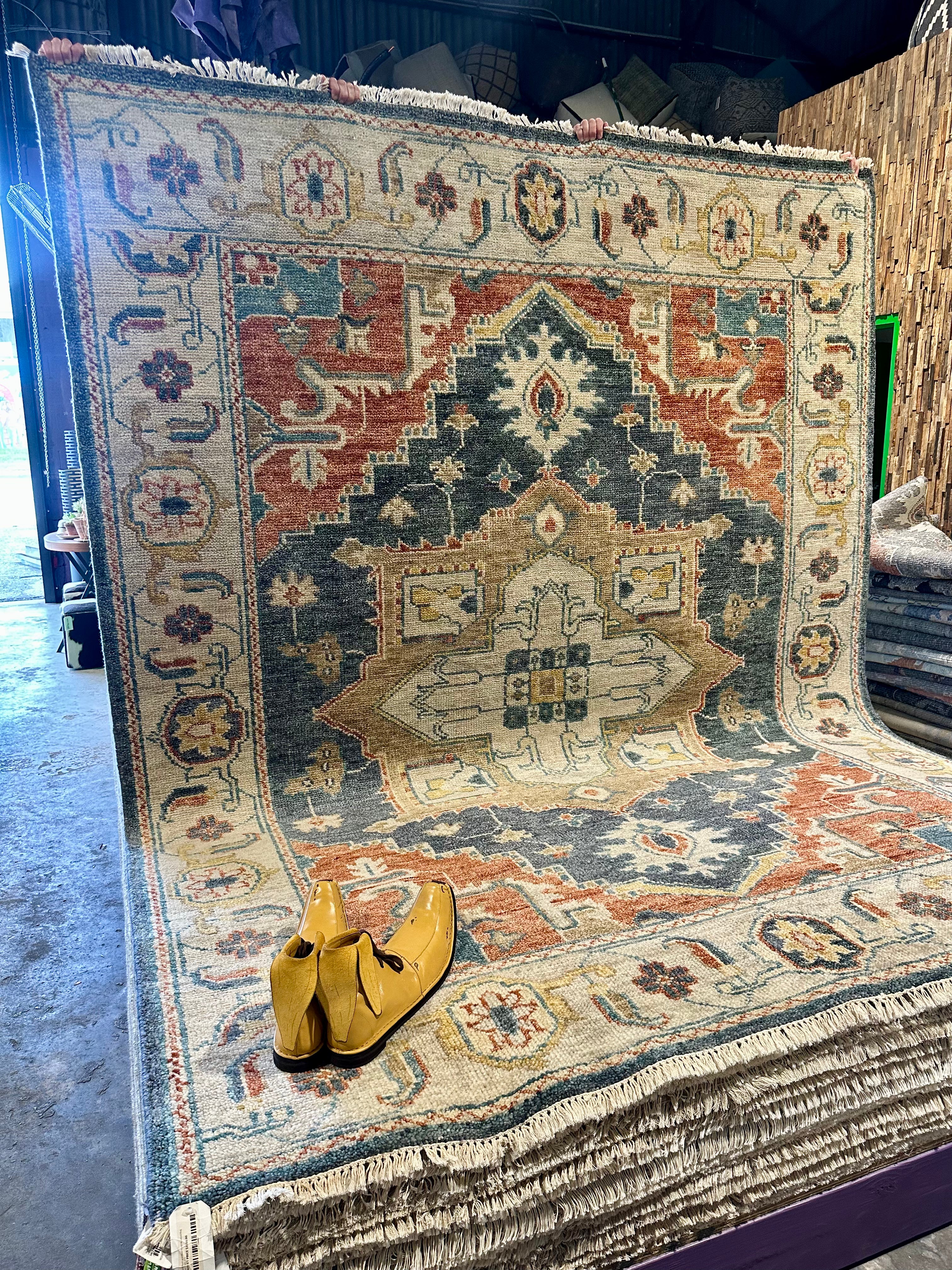 Haydel  8x10 Rust and Blue Hand-Knotted Rug