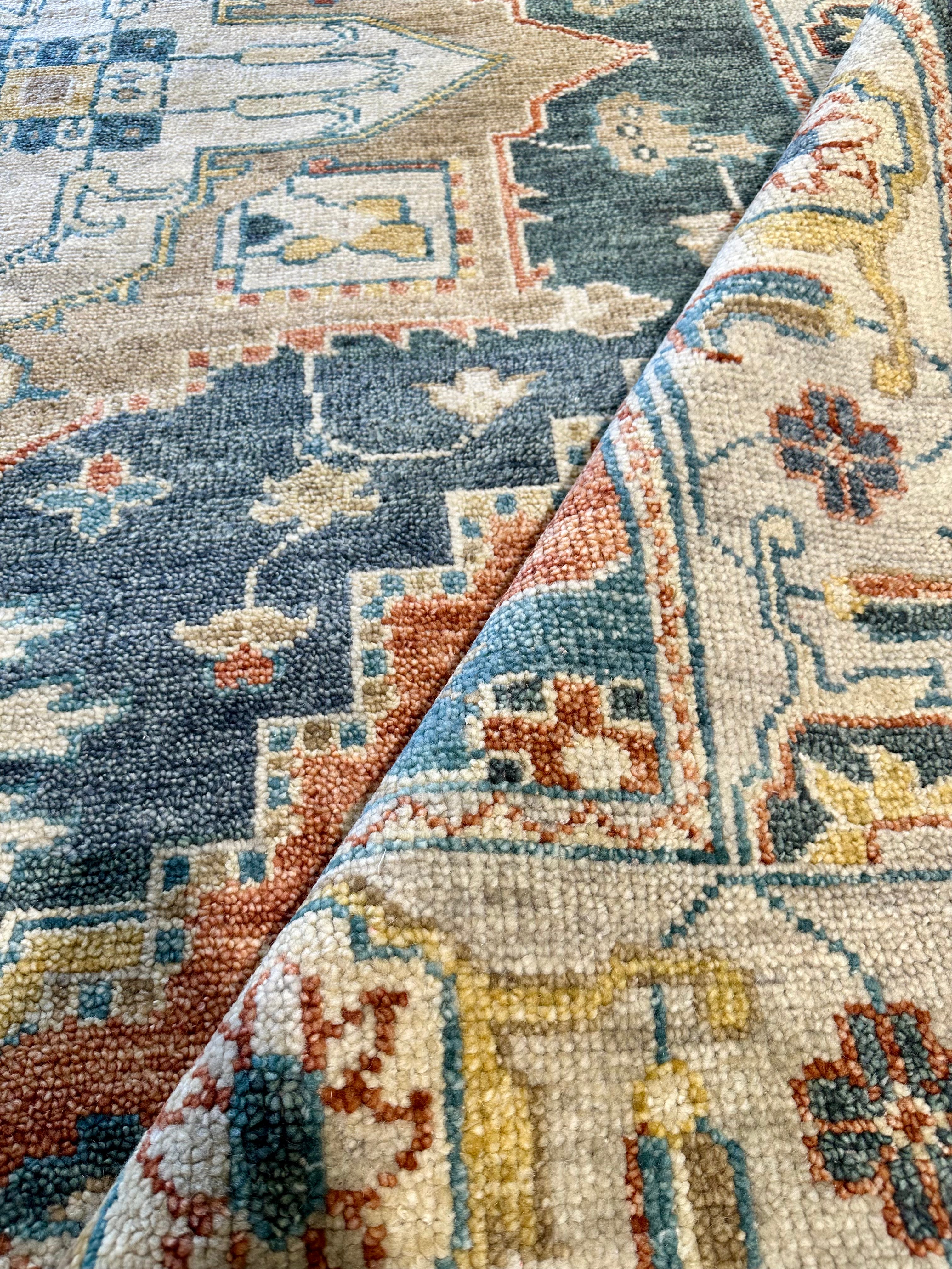 Haydel  8x10 Rust and Blue Hand-Knotted Rug