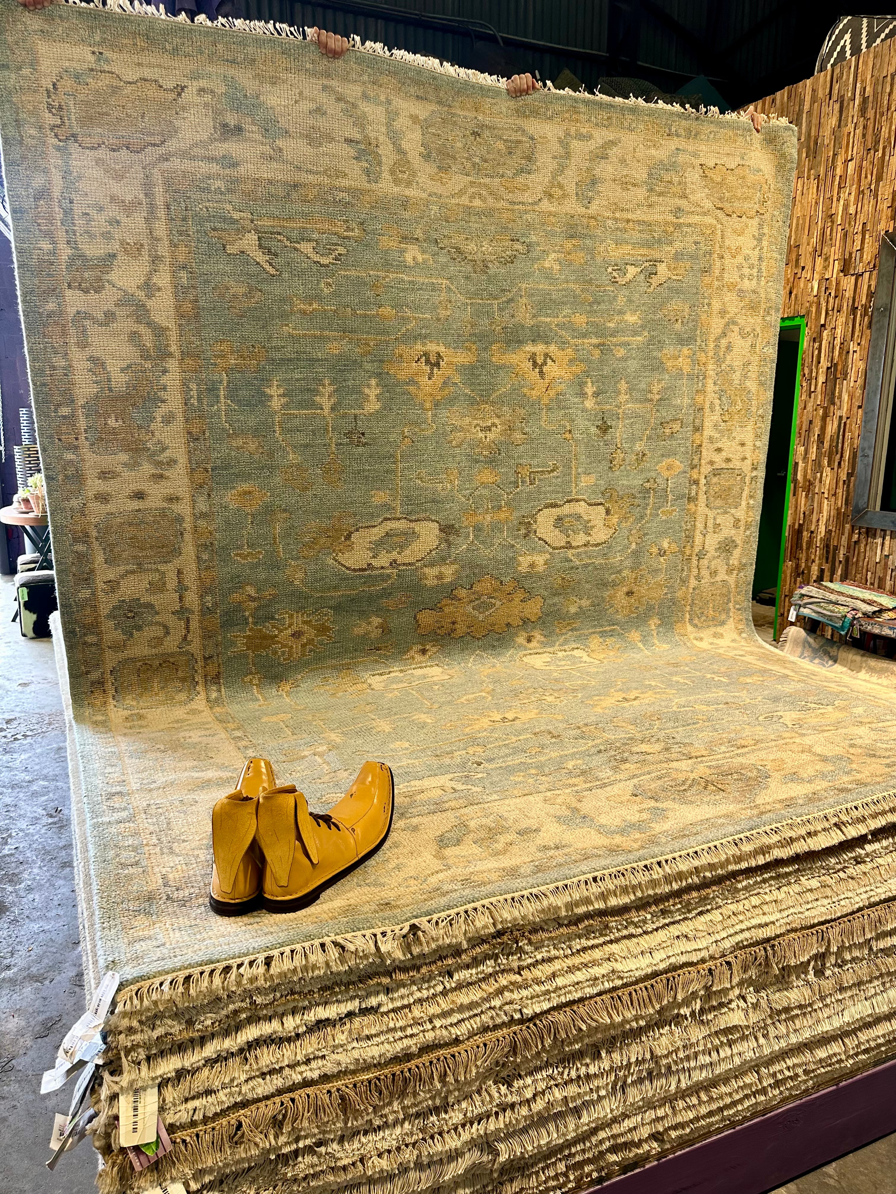 Pamela Shamshiri 8x10 Light Blue and Tan Hand-Knotted Oushak Rug