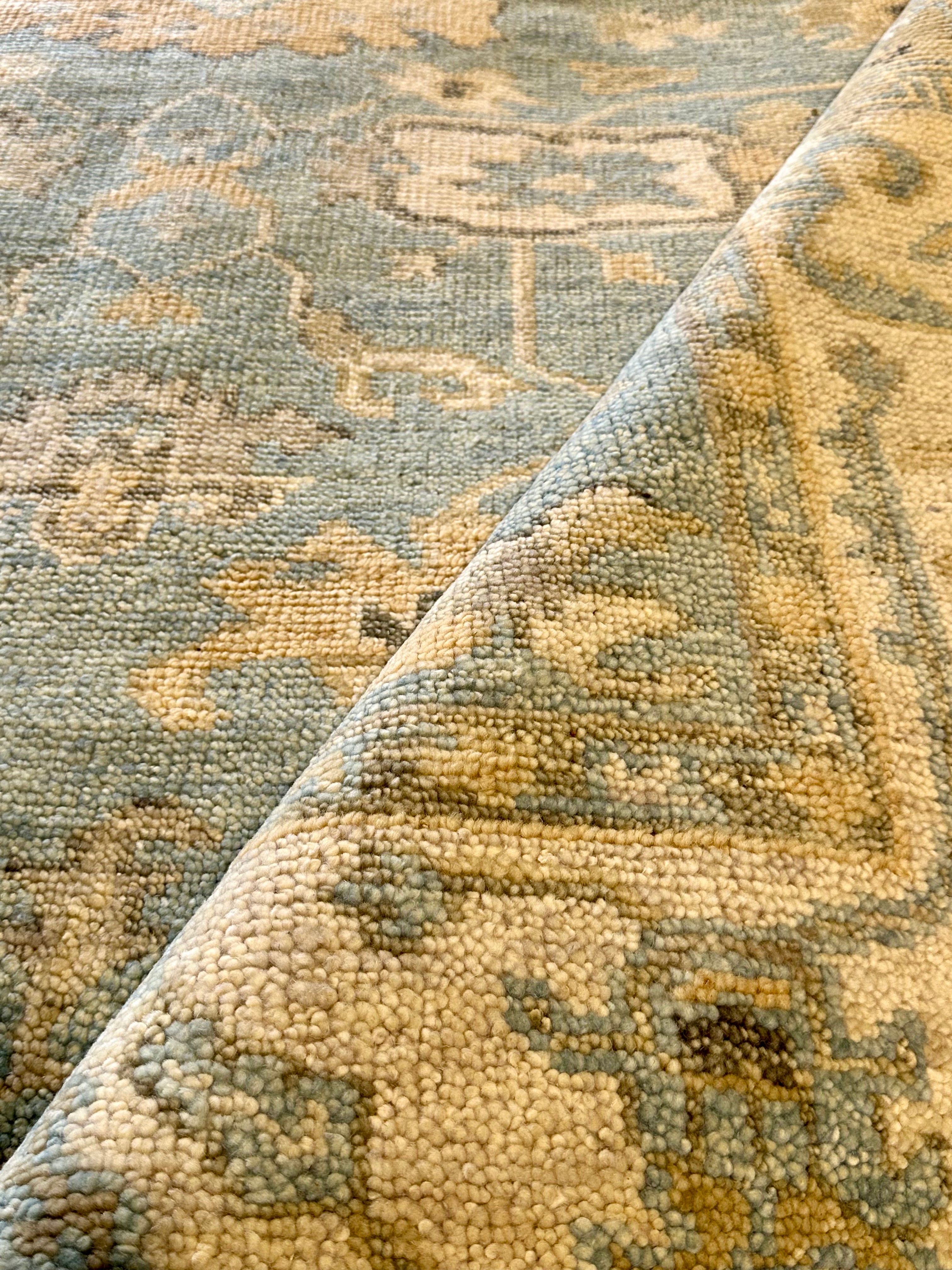 Pamela Shamshiri 8x10 Light Blue and Tan Hand-Knotted Oushak Rug