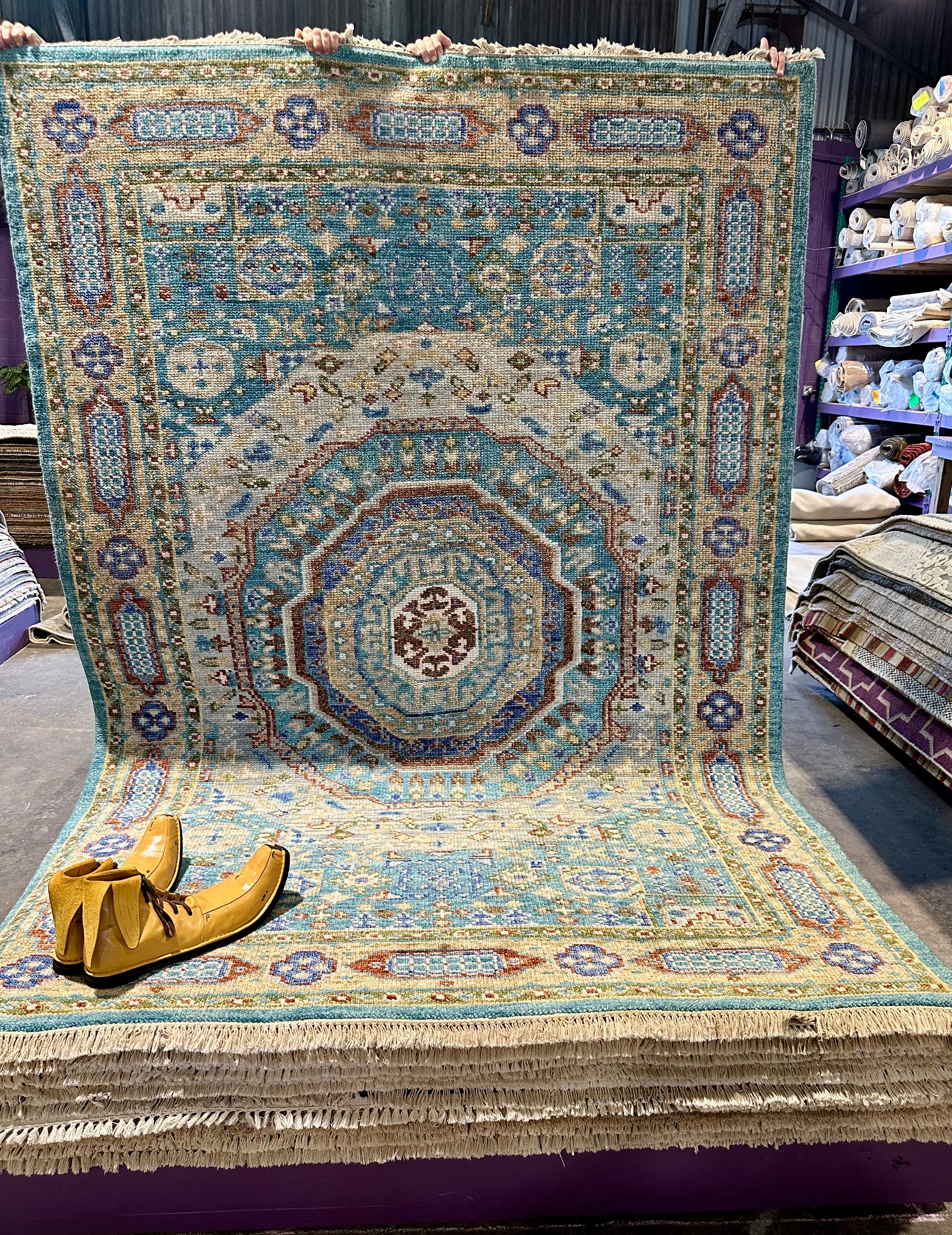 Ariella 6.3x9  Light Blue and Rust Hand-Knotted Oushak Rug