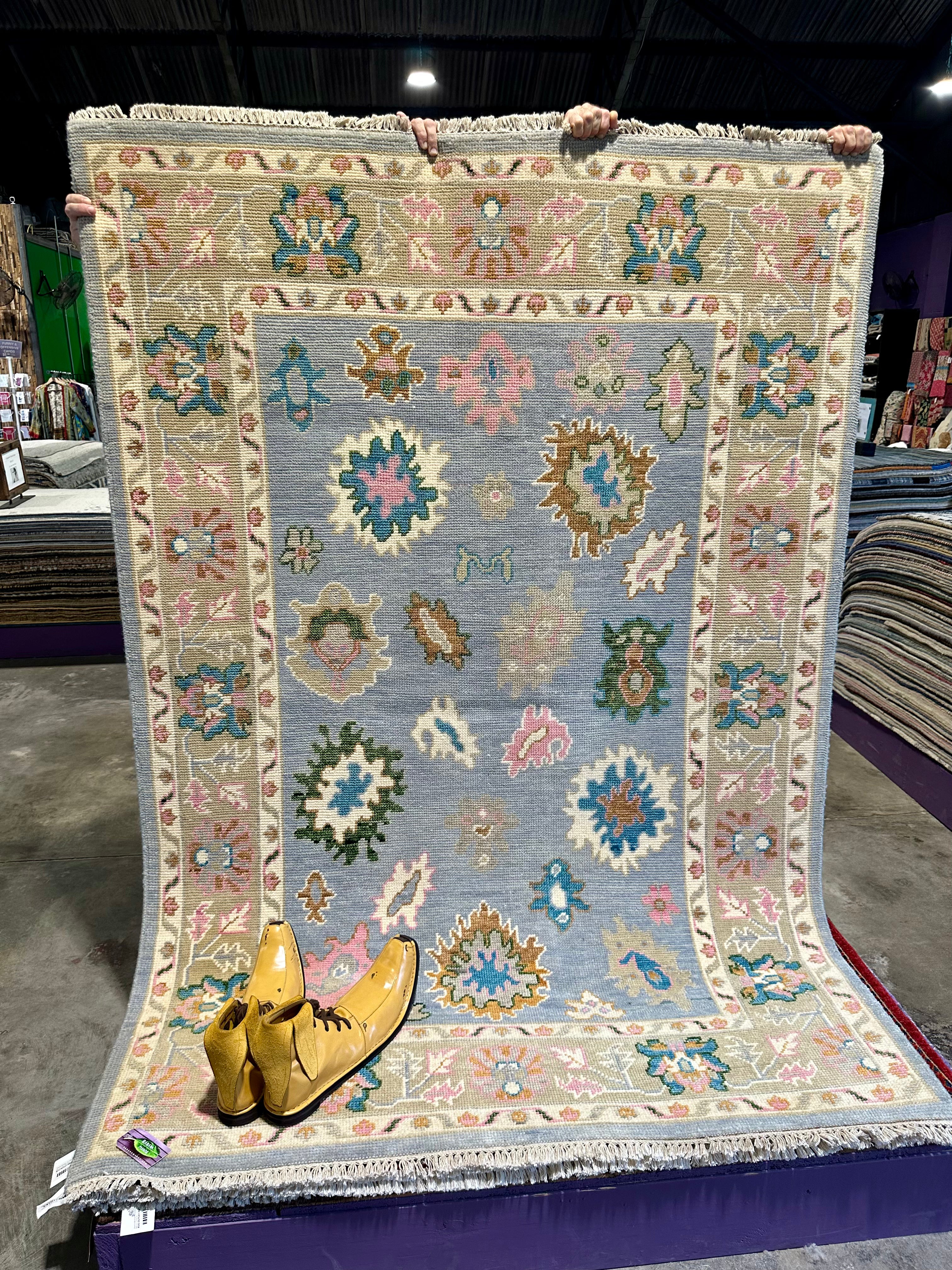 Mystery 5x8 Light Blue and Olive Oushak Rug