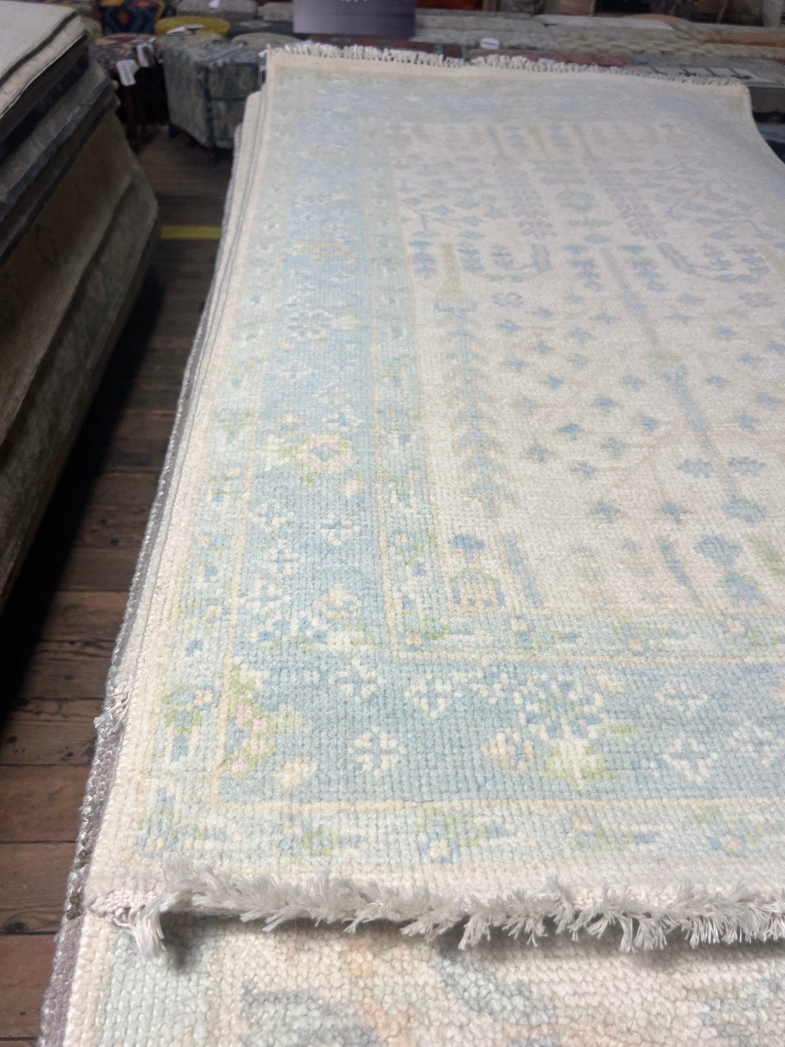 Julia 2.11x4.11 Hand-Knotted Cream and Blue Oushak | Banana Manor Rug Factory Outlet
