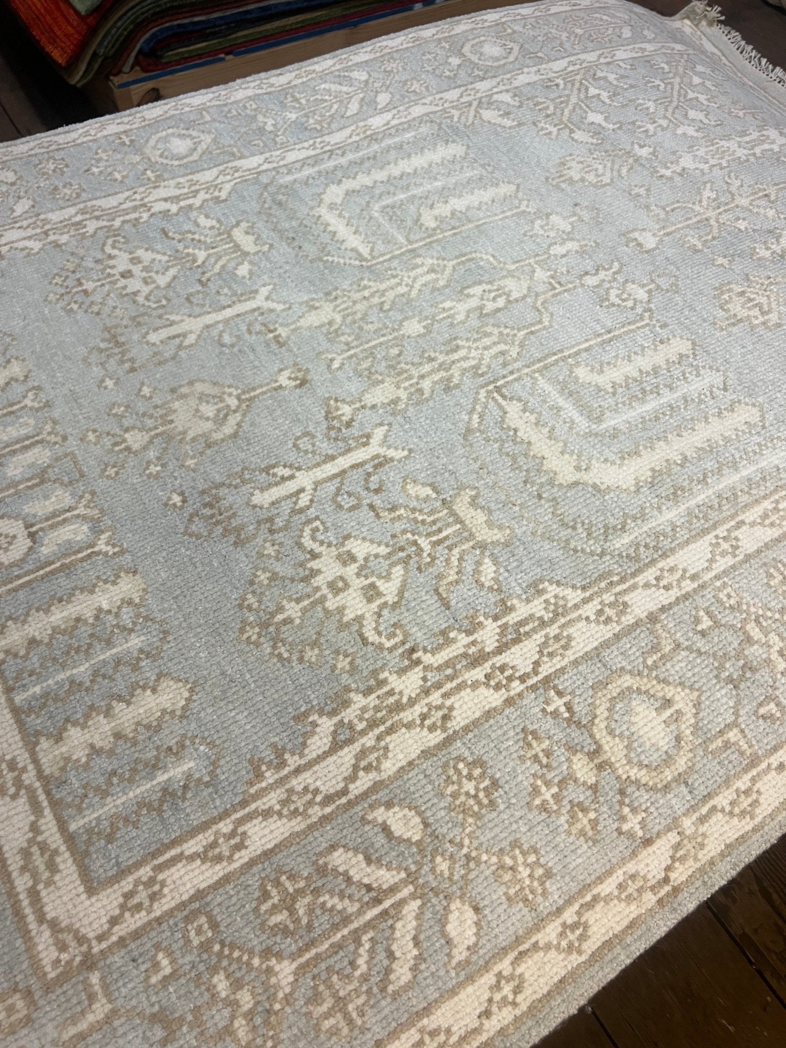 Kate Bracken 4.1x6.3 Hand-Knotted Cream and Green Oushak | Banana Manor Rug Factory Outlet