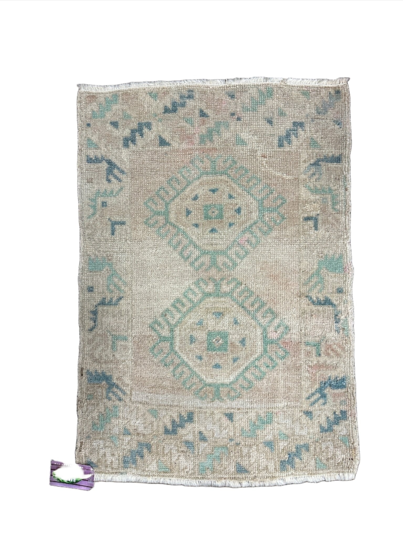 Vintage 1.10x2.8 Turkish Oushak Beige and Blue Small Rug | Banana Manor Rug Factory Outlet