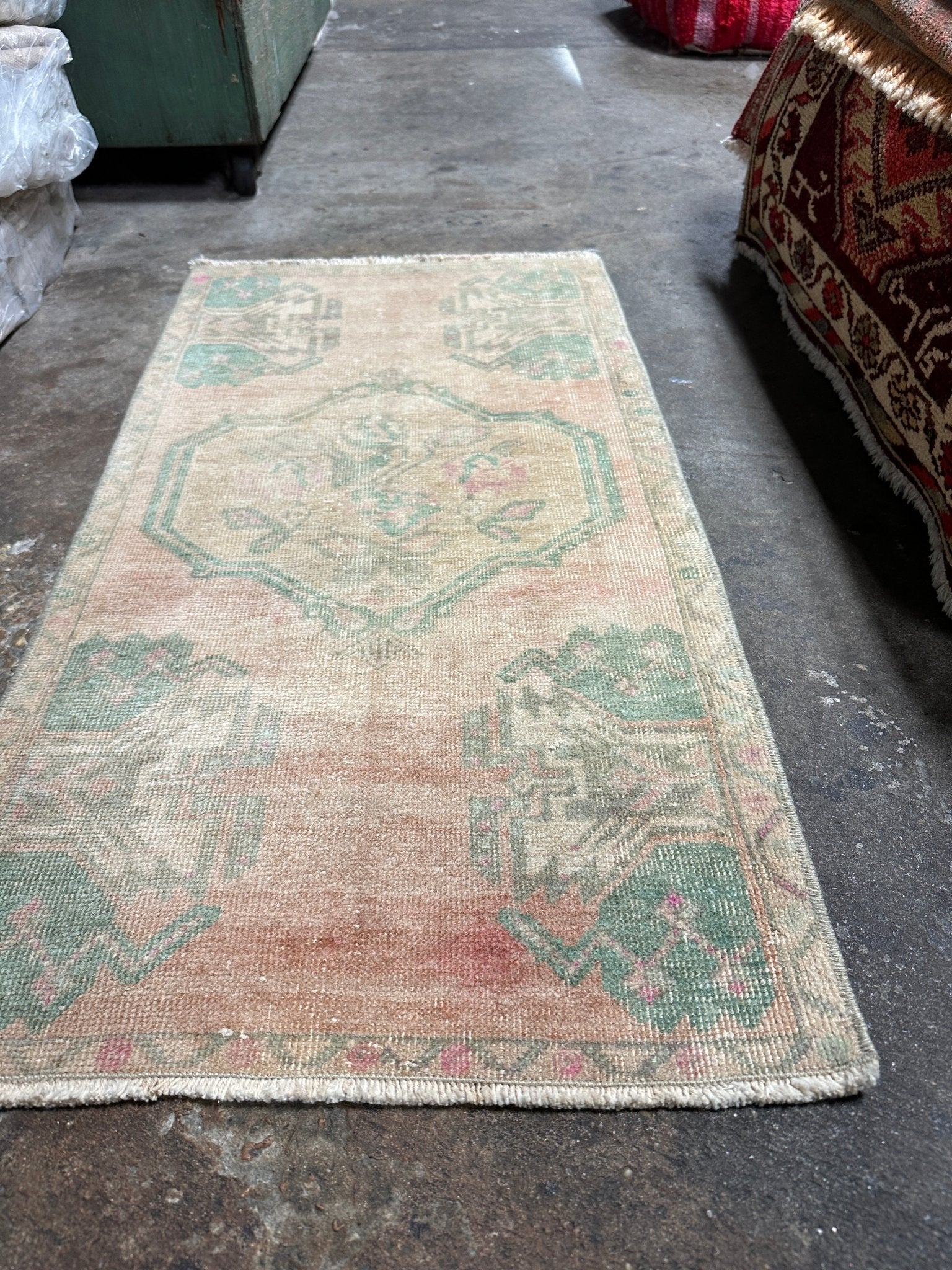 Vintage 1.8x3.4 Turkish Oushak Pink and Green Small Rug | Banana Manor Rug Factory Outlet