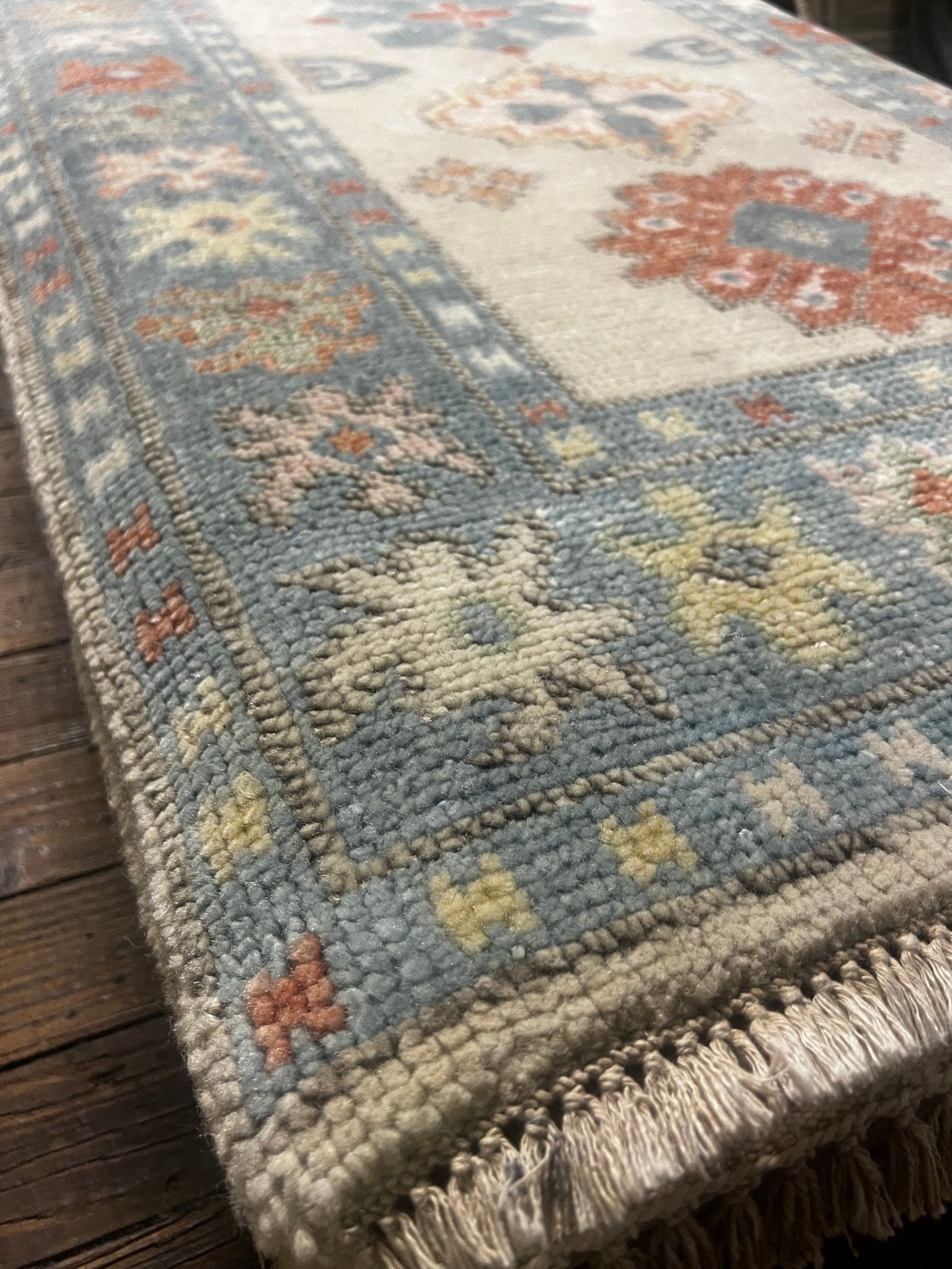 Bridget 2.9x17.9 Ivory and Light Blue Hand-Knotted Oushak Rug | Banana Manor Rug Factory Outlet