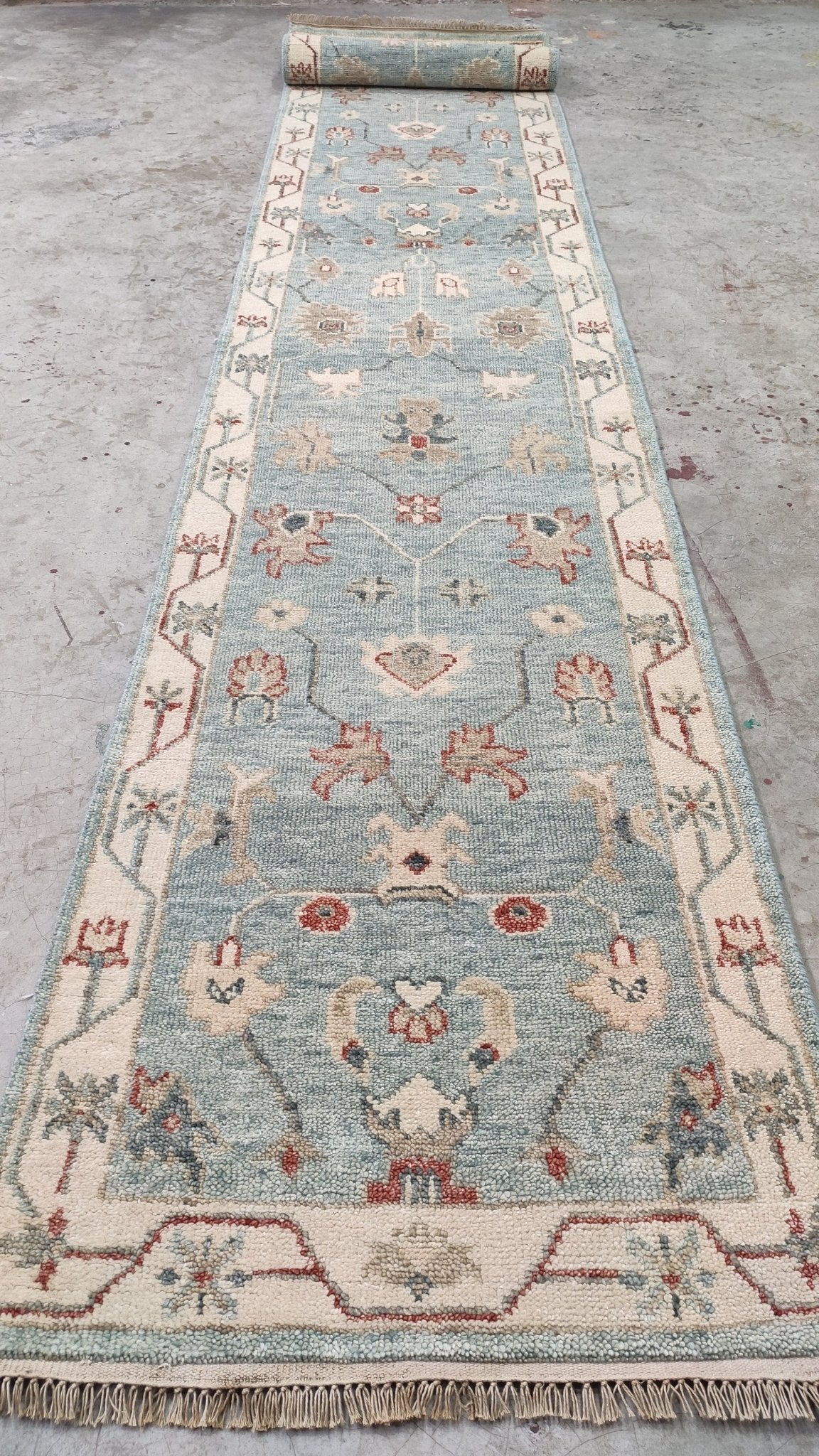 Colleen 2.9x14 Light Blue and Ivory Hand-Knotted Oushak Runner | Banana Manor Rug Factory Outlet
