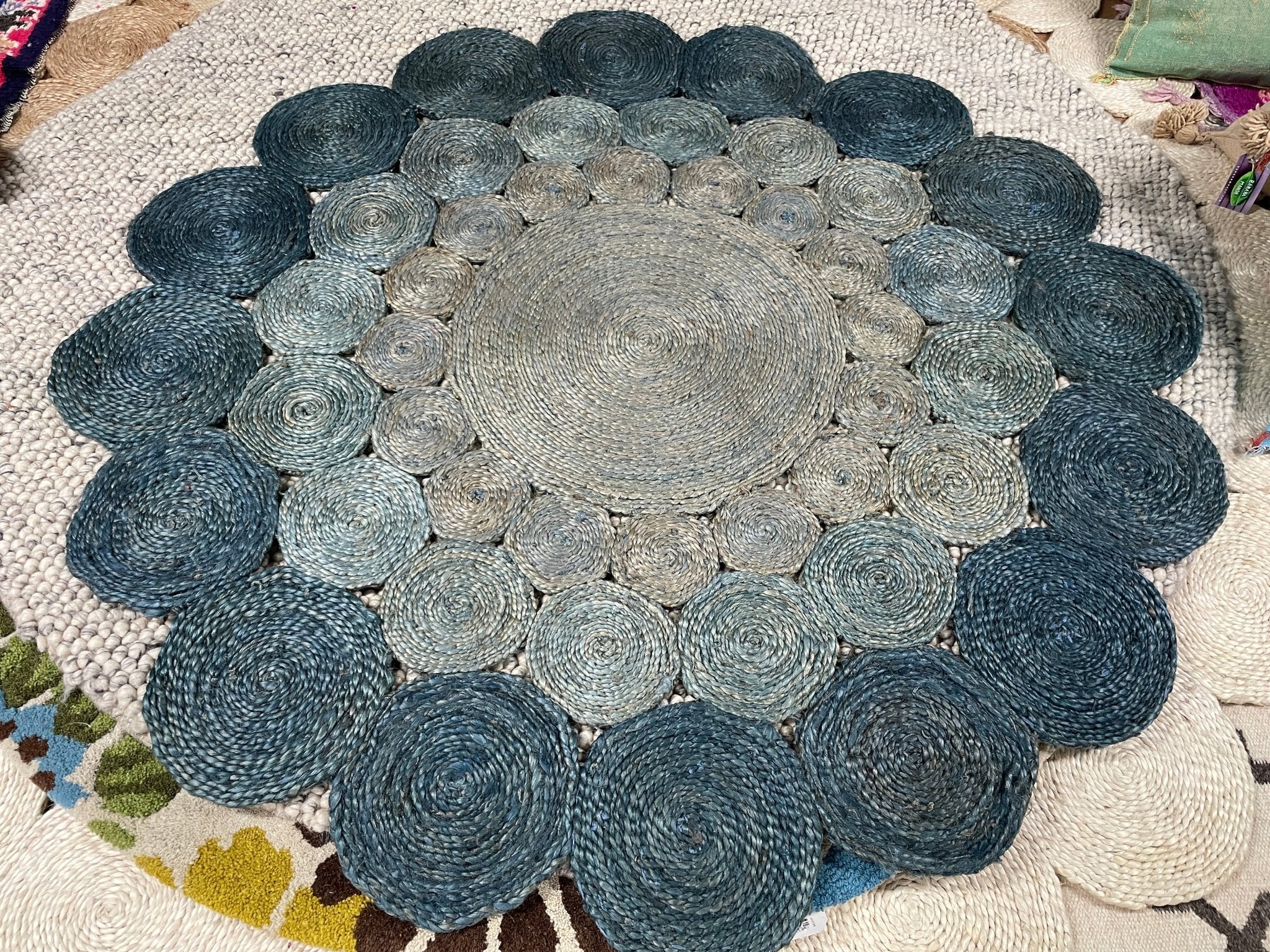 Handwoven 5x5 Blue Round Jute Rug | Banana Manor Rug Factory Outlet