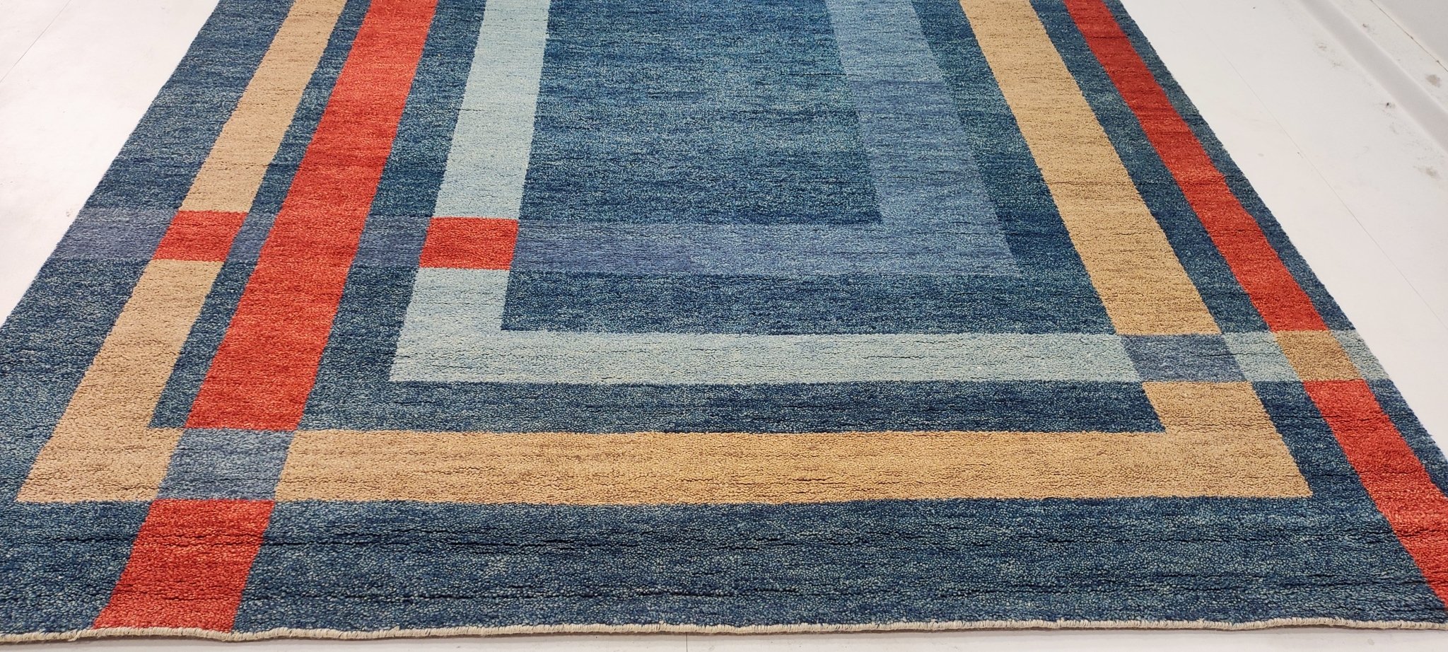 Mathias 8x10 Hand-Knotted Blue & Rust Geometrical | Banana Manor Rug Factory Outlet