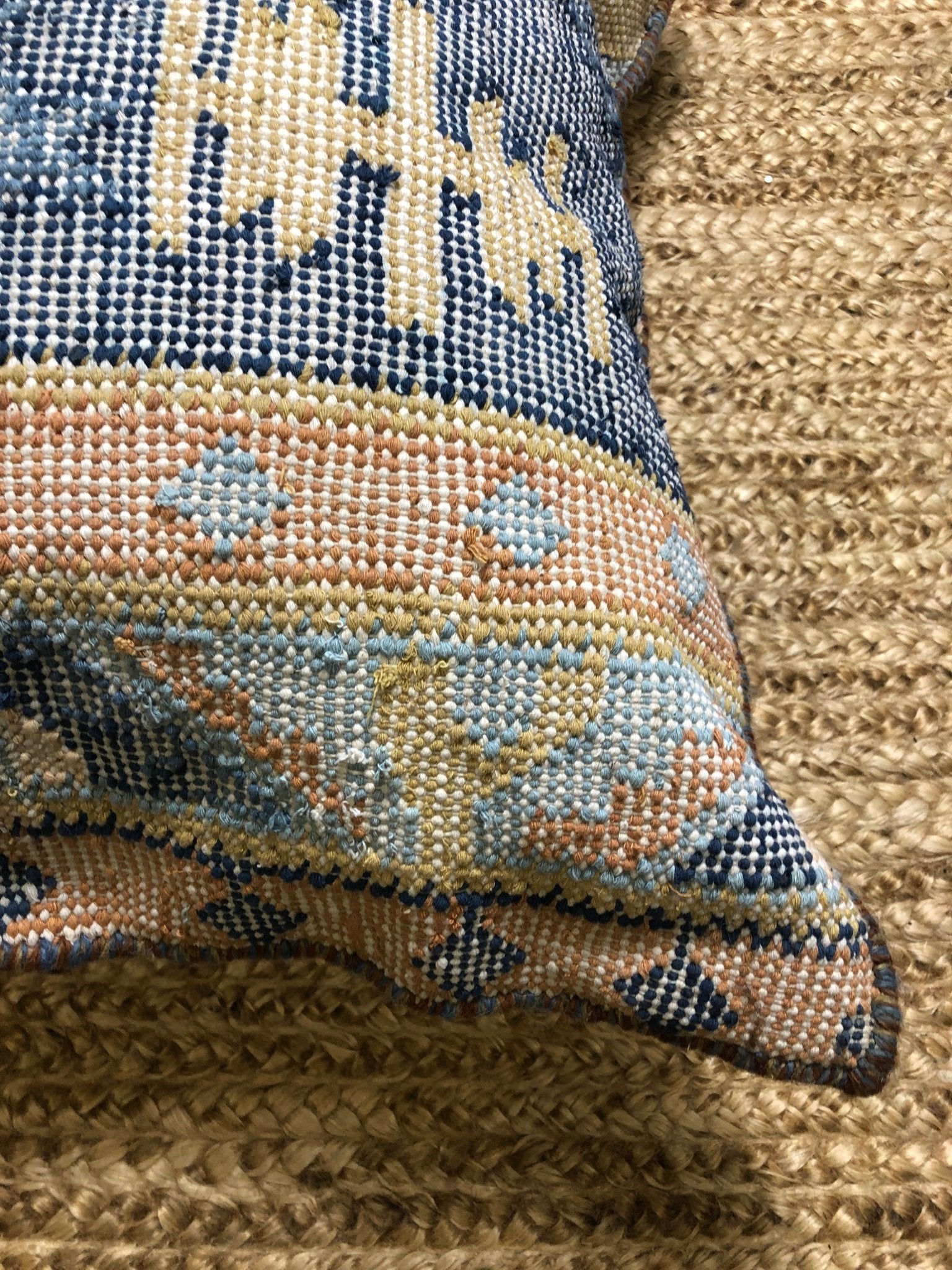 Ms. Bliss Blue, Orange, and Gold Handwoven Pillow | Banana Manor Rug Company