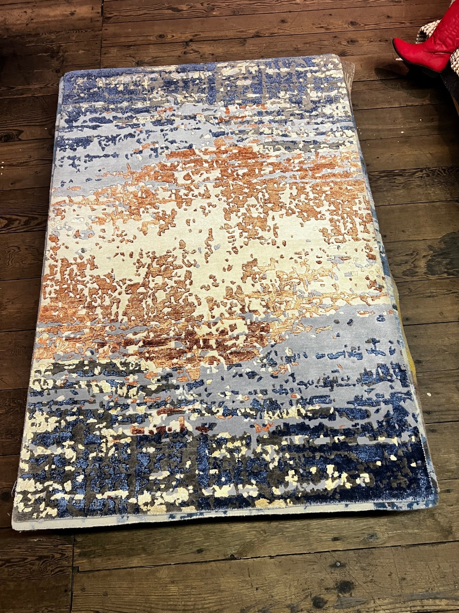 Tanner 2 Indo Tibetan Red Blue Cream Modern Abstract High-Low Rug #1 4'x6' | Banana Manor Rug Company