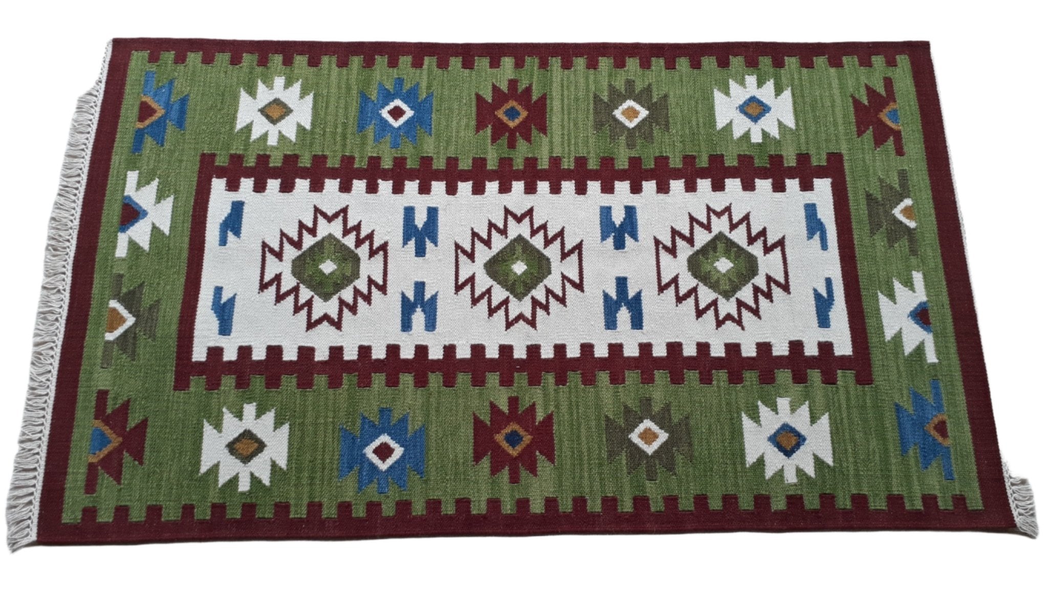 Telluride CLEARANCE Handwoven Kilim Flatweave Red, Green & White Rug 3'x5' | Banana Manor Rug Company