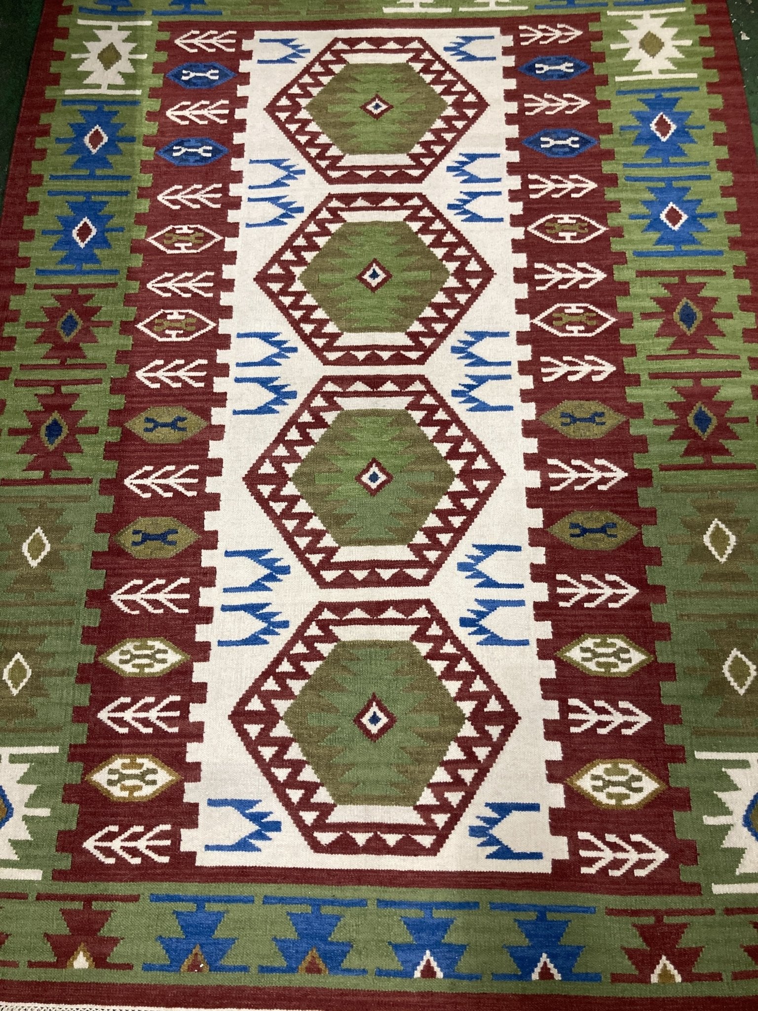 Telluride CLEARANCE Handwoven Kilim Flatweave Red, Green & White Rug 3'x5' | Banana Manor Rug Company