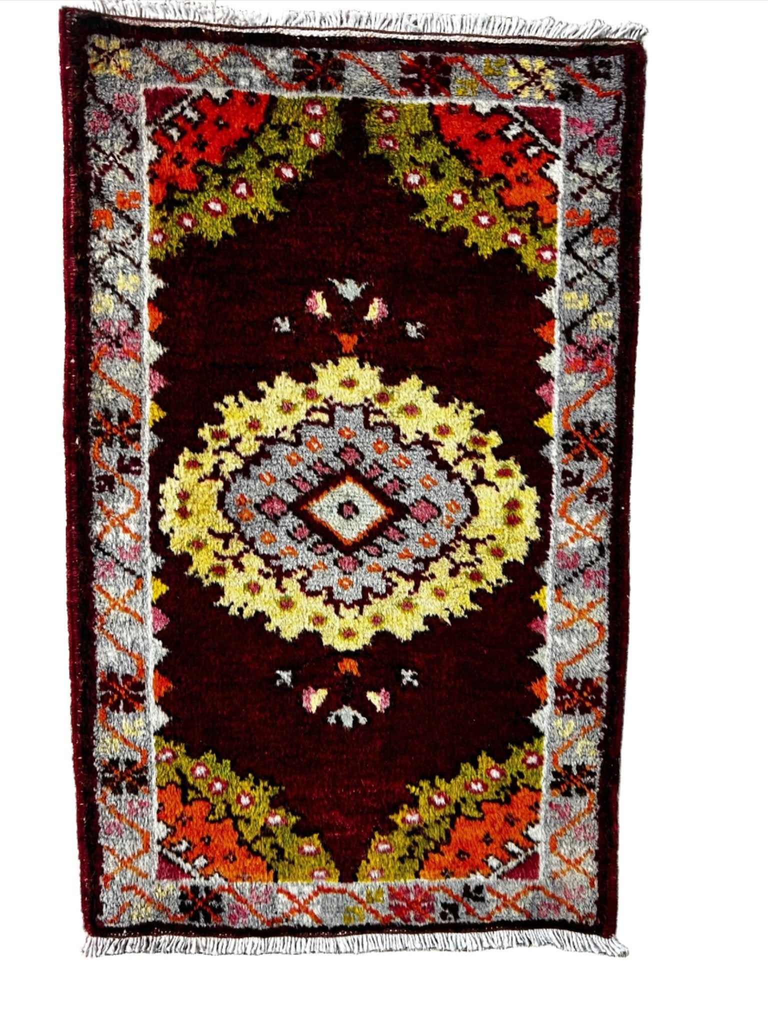 Vintage 1.10x3.1 Turkish Oushak Dark Red Multicolor Small Rug | Banana Manor Rug Factory Outlet