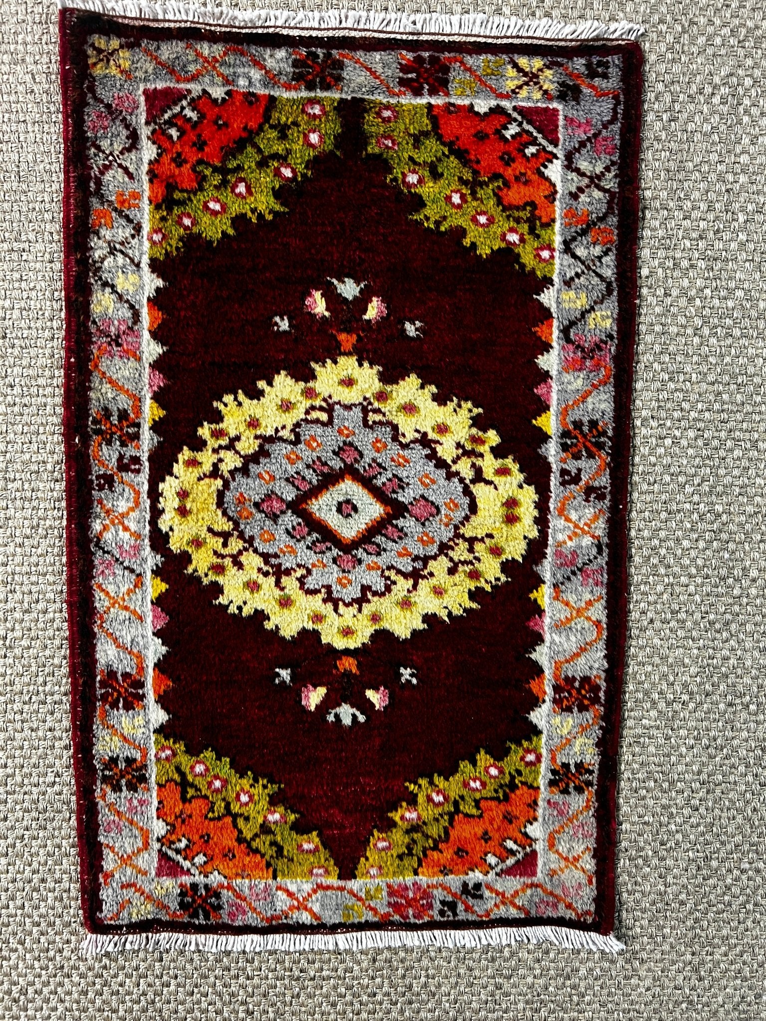 Vintage 1.10x3.1 Turkish Oushak Dark Red Multicolor Small Rug | Banana Manor Rug Factory Outlet