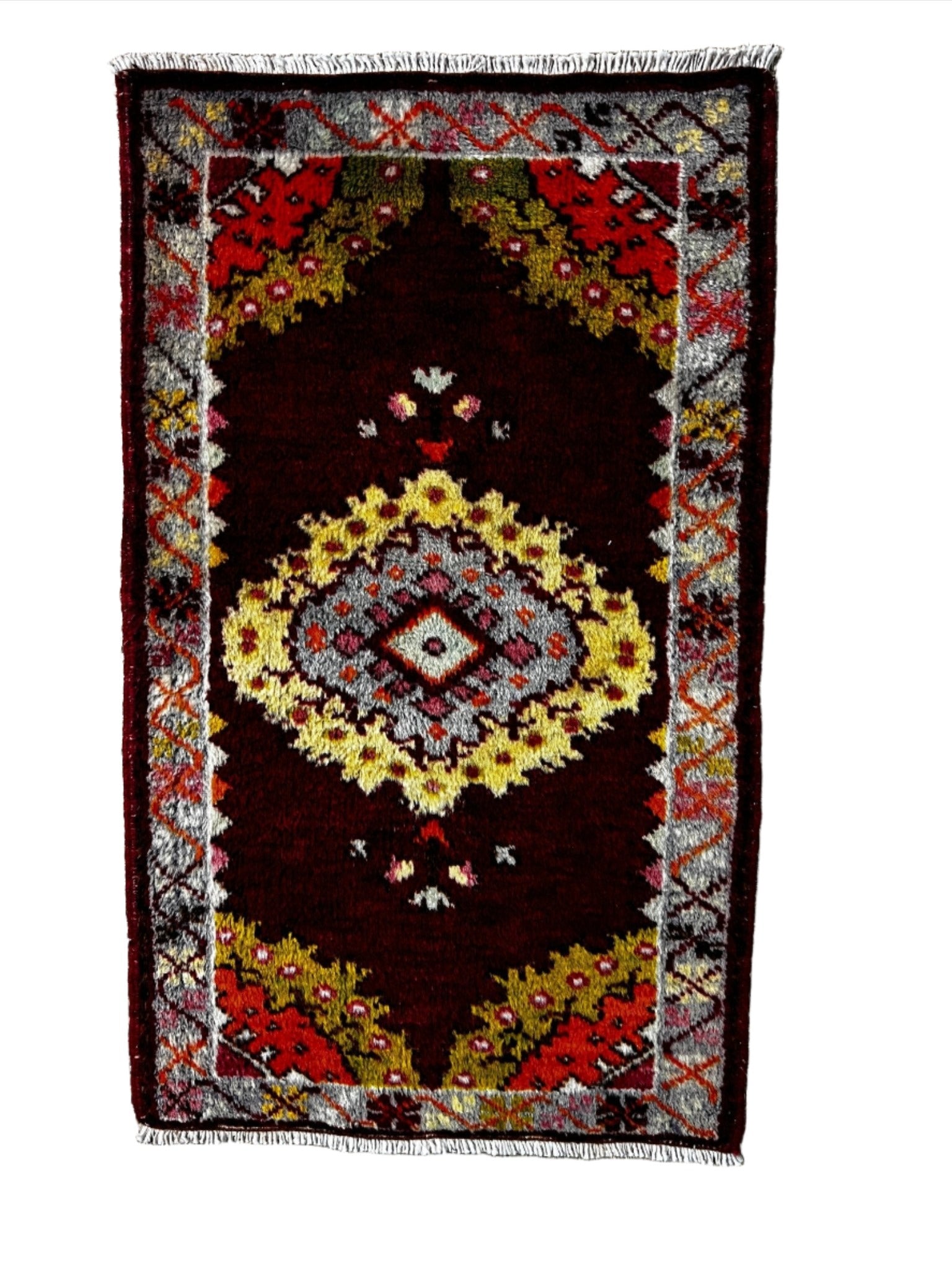 Vintage 1.10x3.2 Turkish Oushak Dark Red Multicolor Small Rug | Banana Manor Rug Factory Outlet