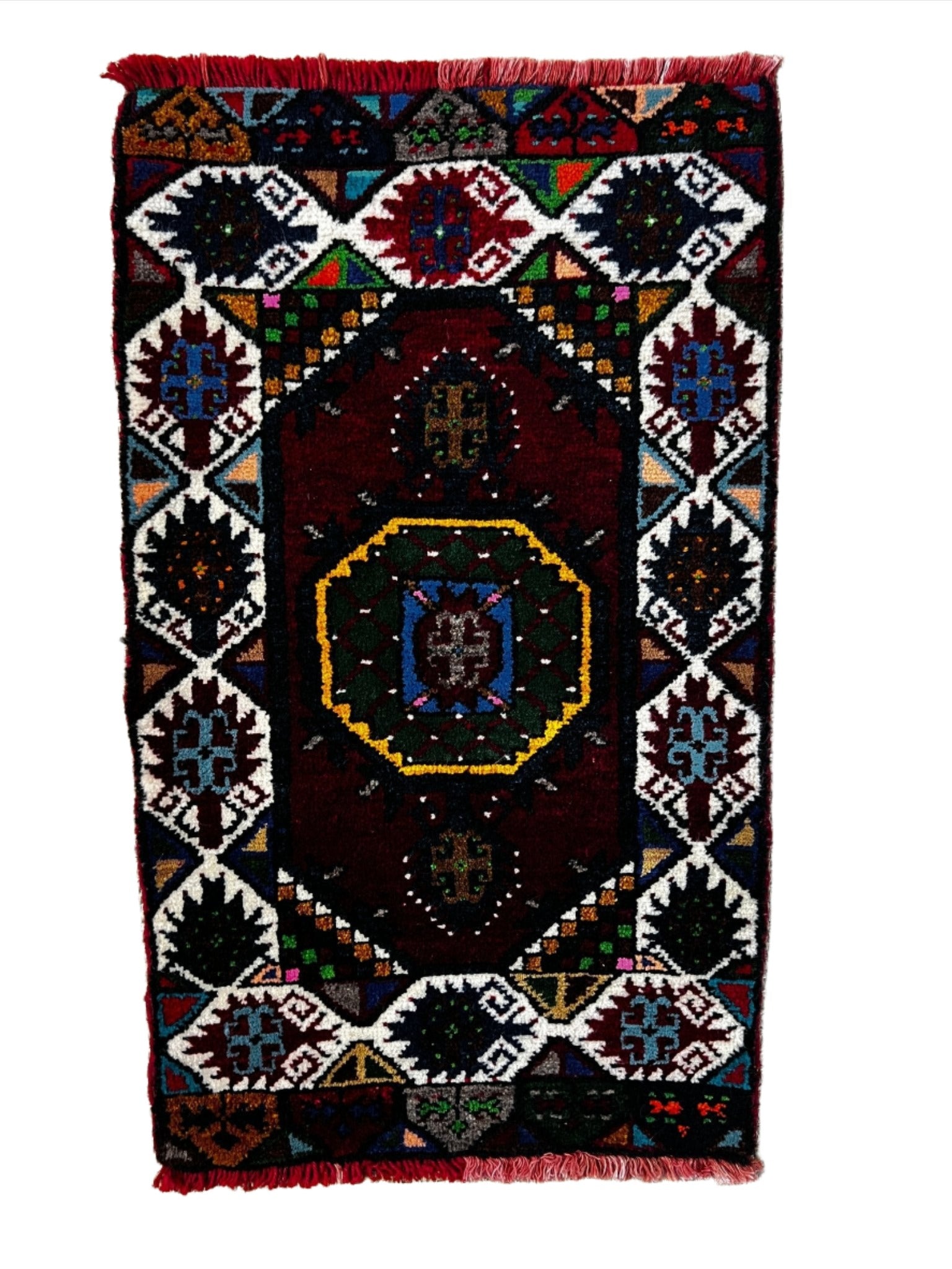Vintage 1.10x3.4 Turkish Oushak Dark Red Multicolor Small Rug | Banana Manor Rug Factory Outlet