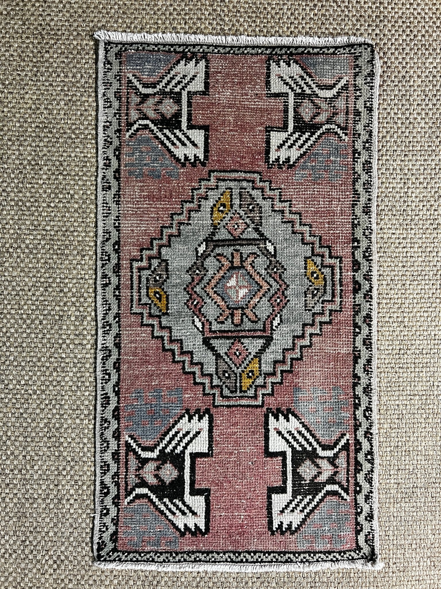 Vintage 1.10x3.6 Turkish Oushak Pink and Gray Small Rug | Banana Manor Rug Factory Outlet