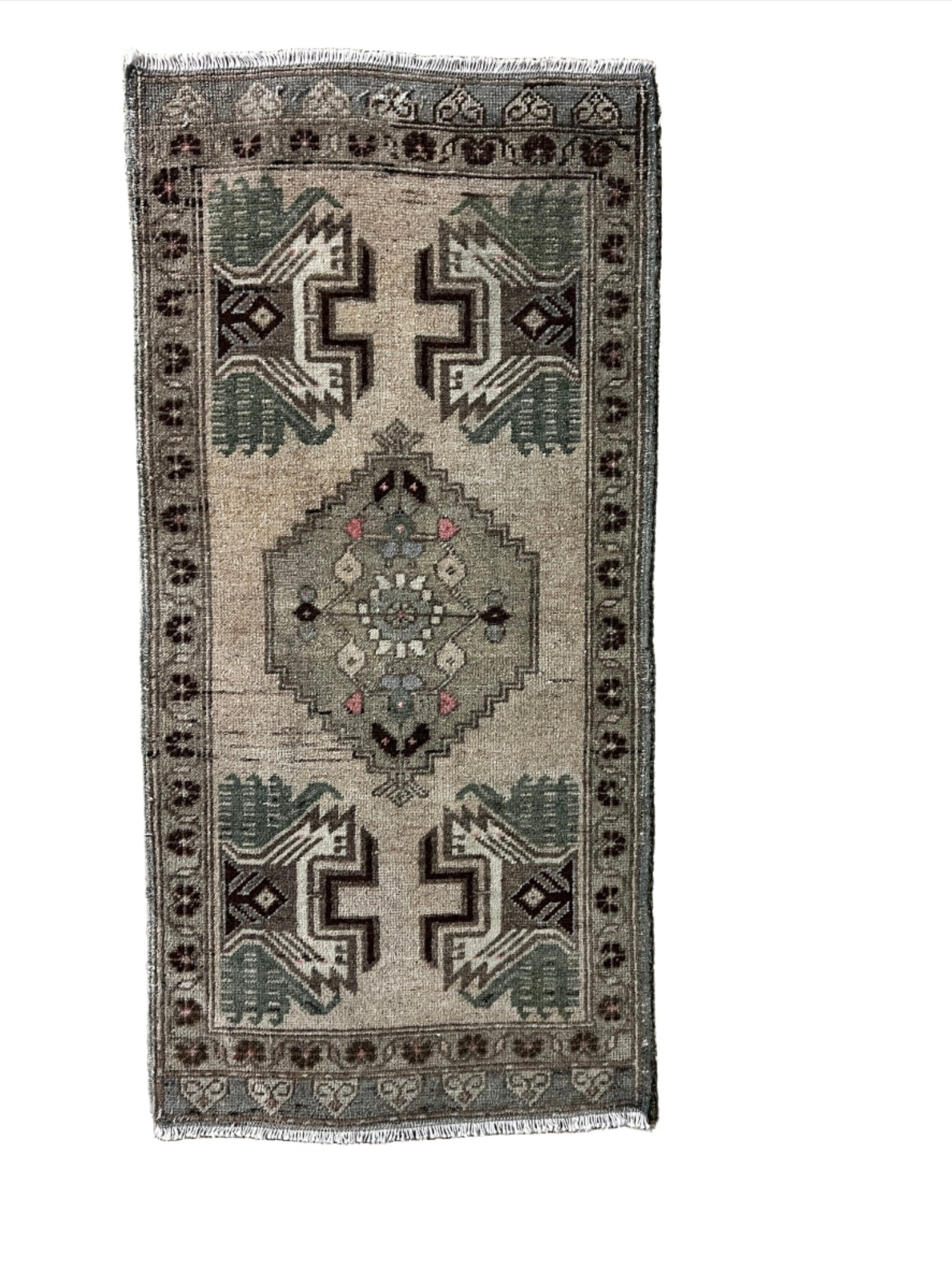 Vintage 1.7x3.5 Turkish Oushak Beige and Green Small Rug | Banana Manor Rug Factory Outlet