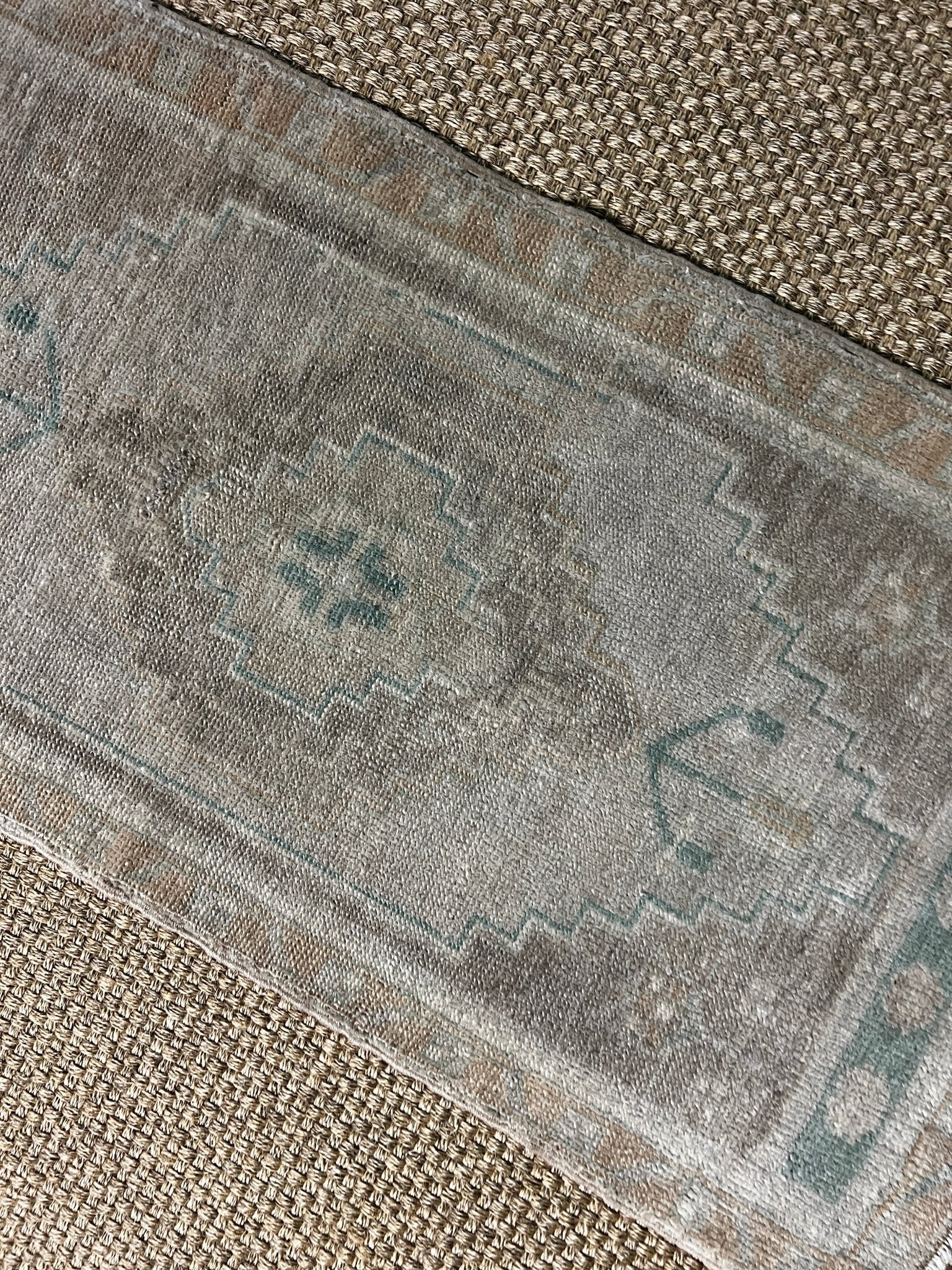 Vintage 1.8x3.1 Turkish Oushak Greige and Aqua Small Rug | Banana Manor Rug Factory Outlet