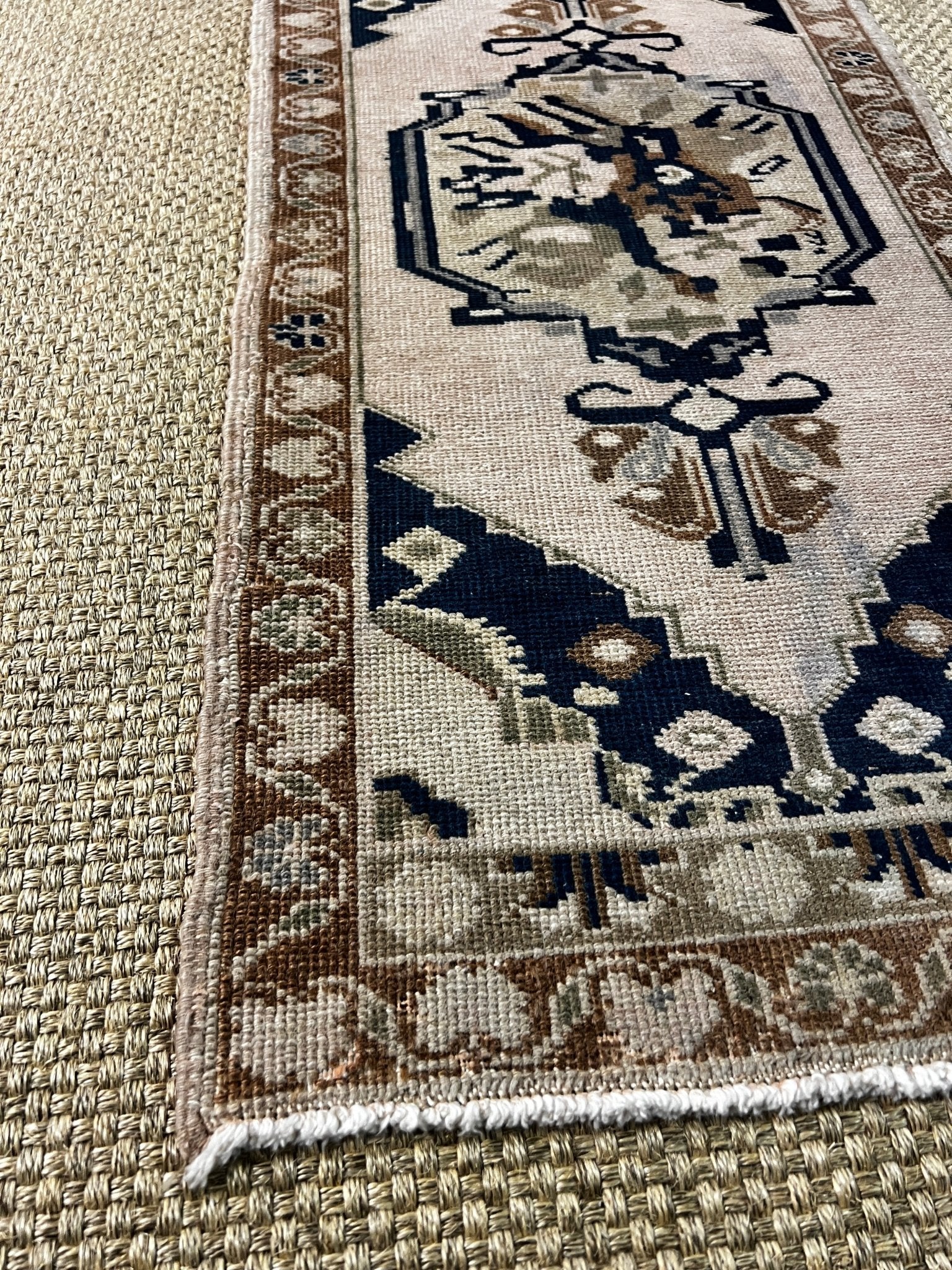Vintage 1.8x3.6 Turkish Oushak Beige and Navy Small Rug | Banana Manor Rug Factory Outlet