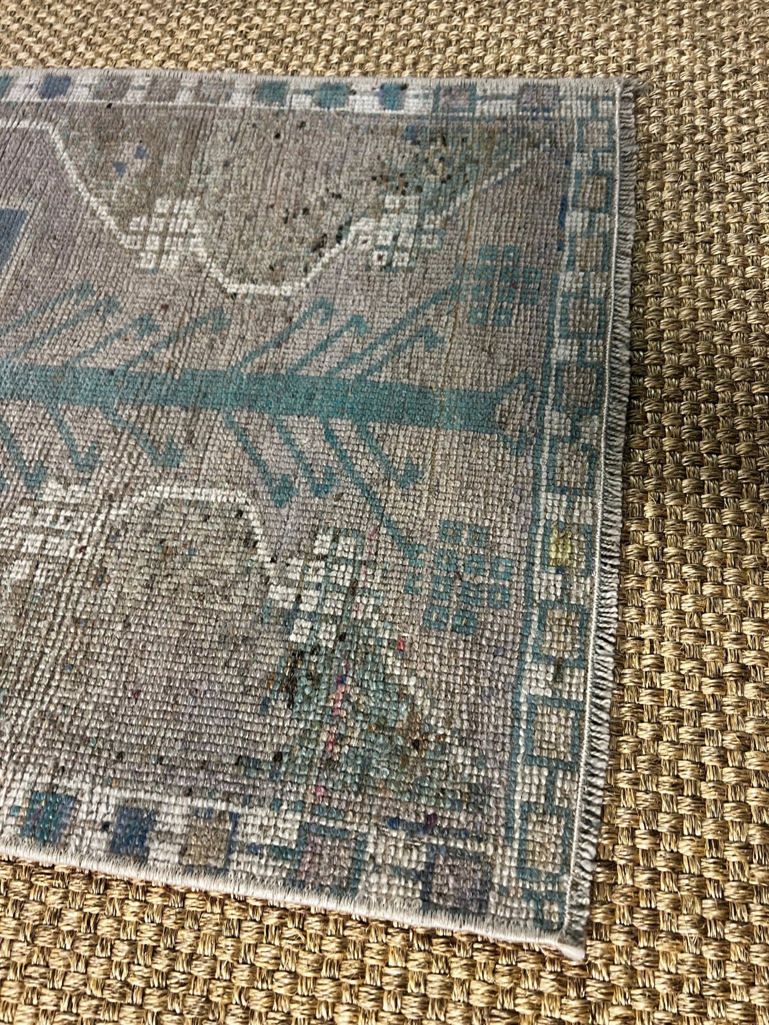Vintage 1.8x4 Turkish Oushak Beige and Aqua Small Rug | Banana Manor Rug Factory Outlet