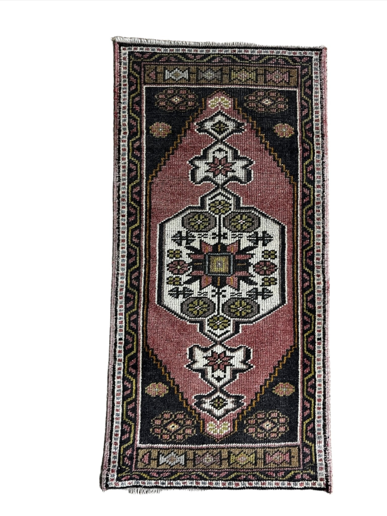 Vintage 1.9x3.8 Turkish Oushak Pink and Black Small Rug | Banana Manor Rug Factory Outlet