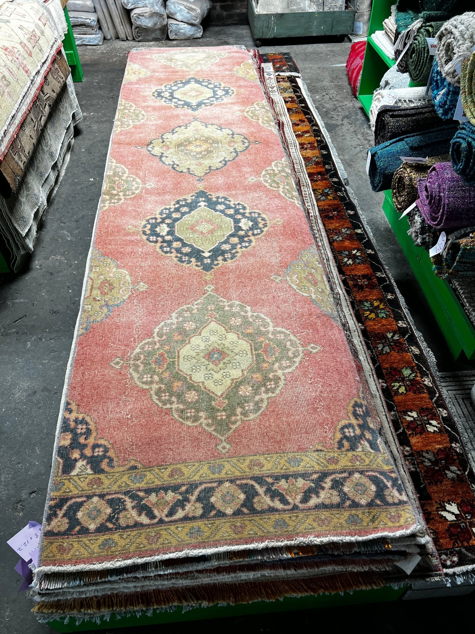 Vintage 2.8x12.7 Pink and Green Multicolor Turkish Oushak Runner | Banana Manor Rug Factory Outlet