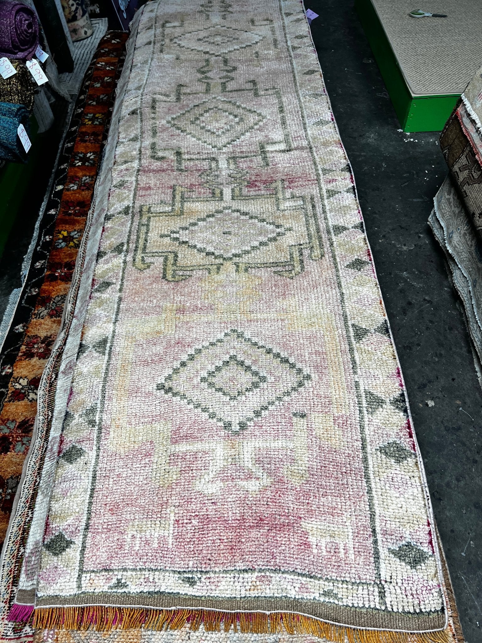 Vintage 2.8x9.10 Pink and Green Turkish Oushak Runner | Banana Manor Rug Factory Outlet