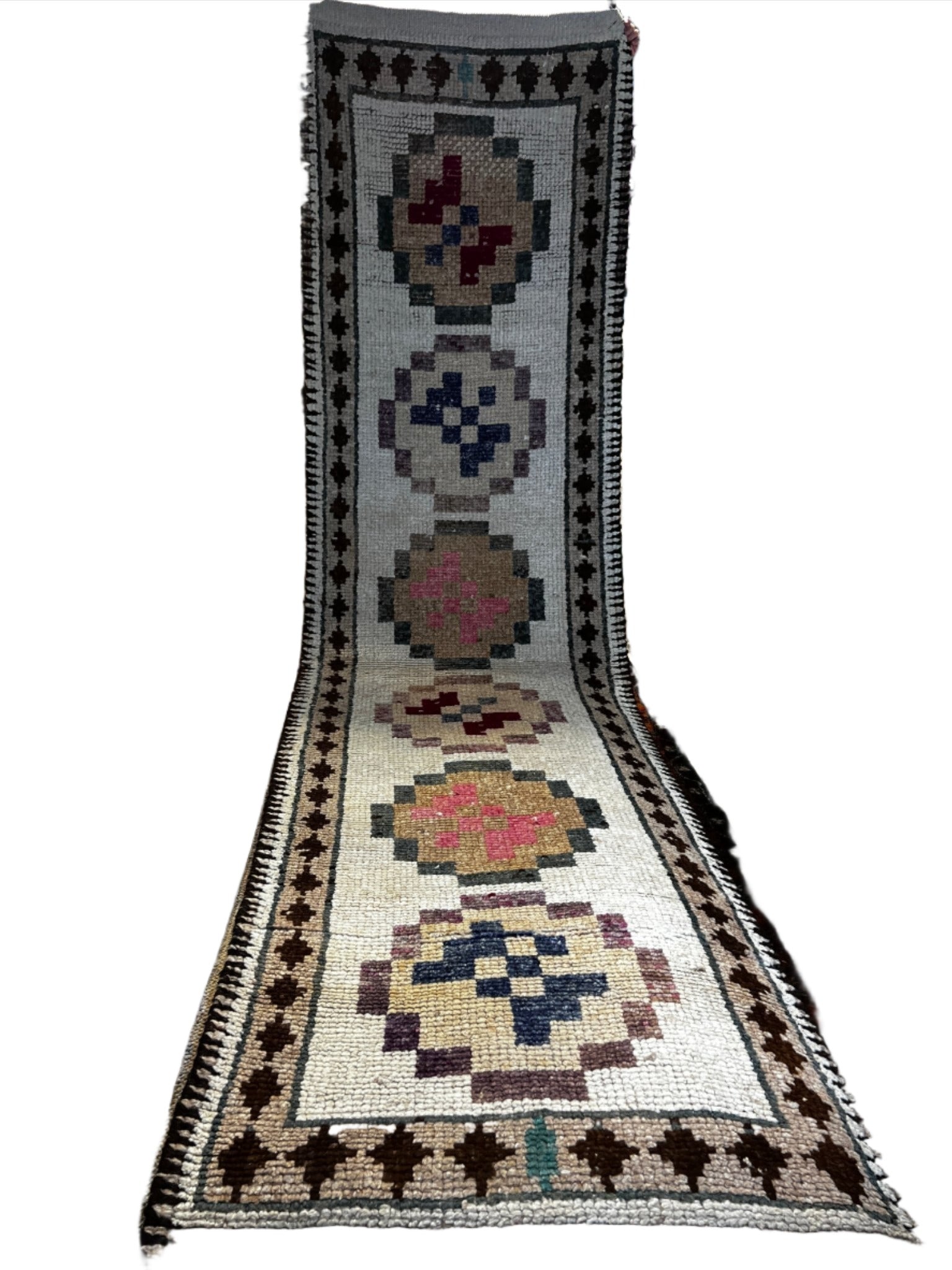 Vintage 2.9x11 Ivory and Brown Multicolor Turkish Runner | Banana Manor Rug Factory Outlet