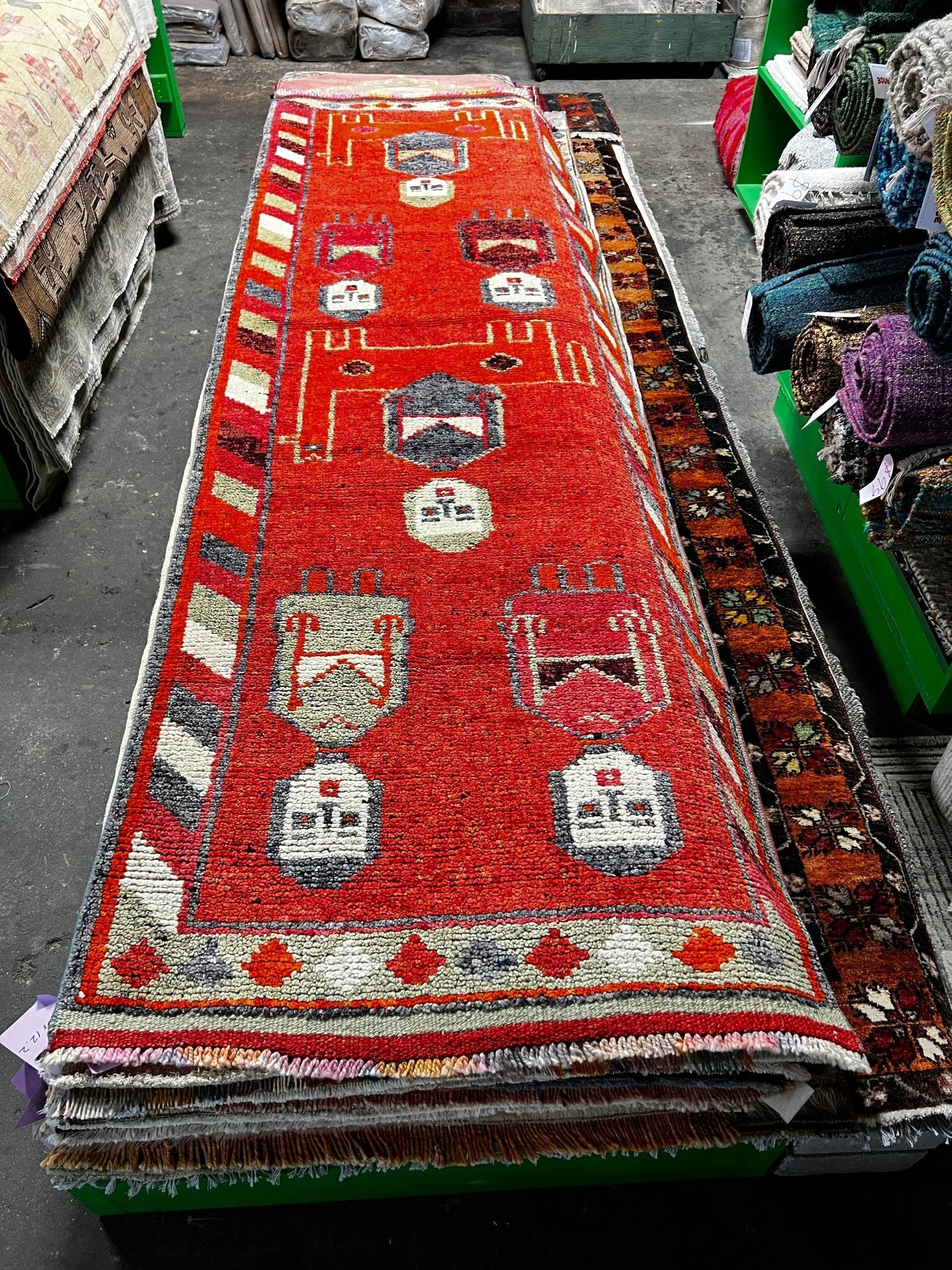 Vintage 3.3x10.4 Red and Gray Turkish Runner | Banana Manor Rug Factory Outlet