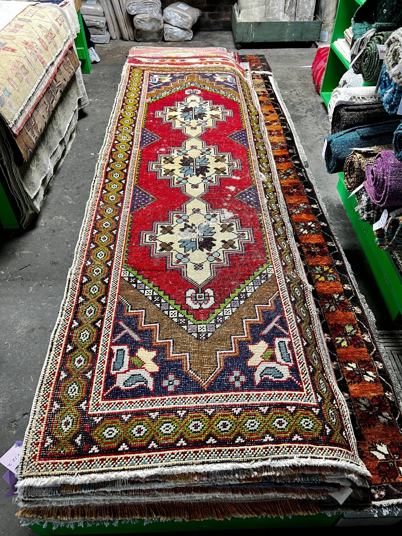 Vintage 3.4x9.10 Red and Green Multicolor Turkish Oushak Runner | Banana Manor Rug Factory Outlet