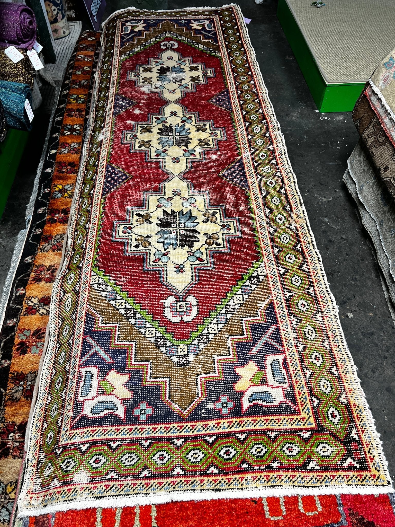 Vintage 3.4x9.10 Red and Green Multicolor Turkish Oushak Runner | Banana Manor Rug Factory Outlet