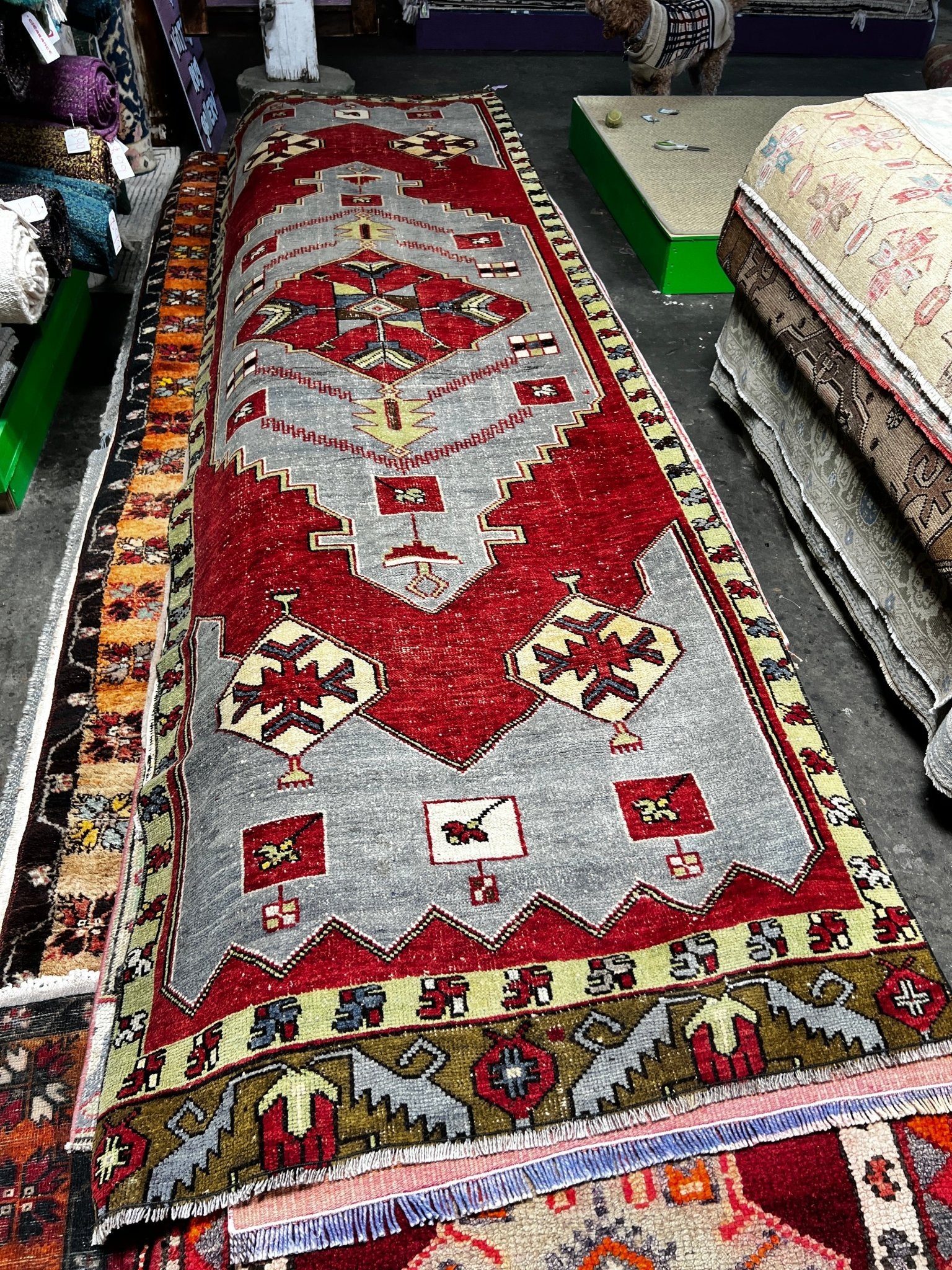 Vintage 3.5x11.4 Red and Gray Turkish Oushak Runner | Banana Manor Rug Factory Outlet