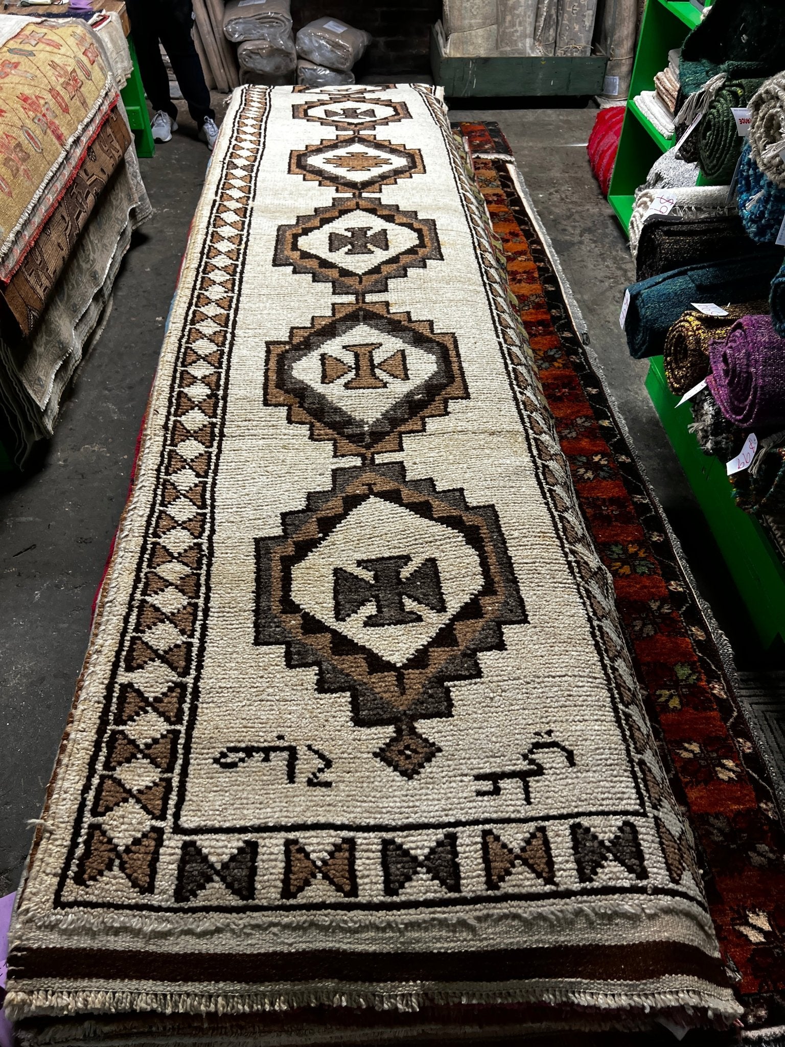 Vintage 3x13.9 Ivory and Tan Turkish Oushak Runner | Banana Manor Rug Factory Outlet